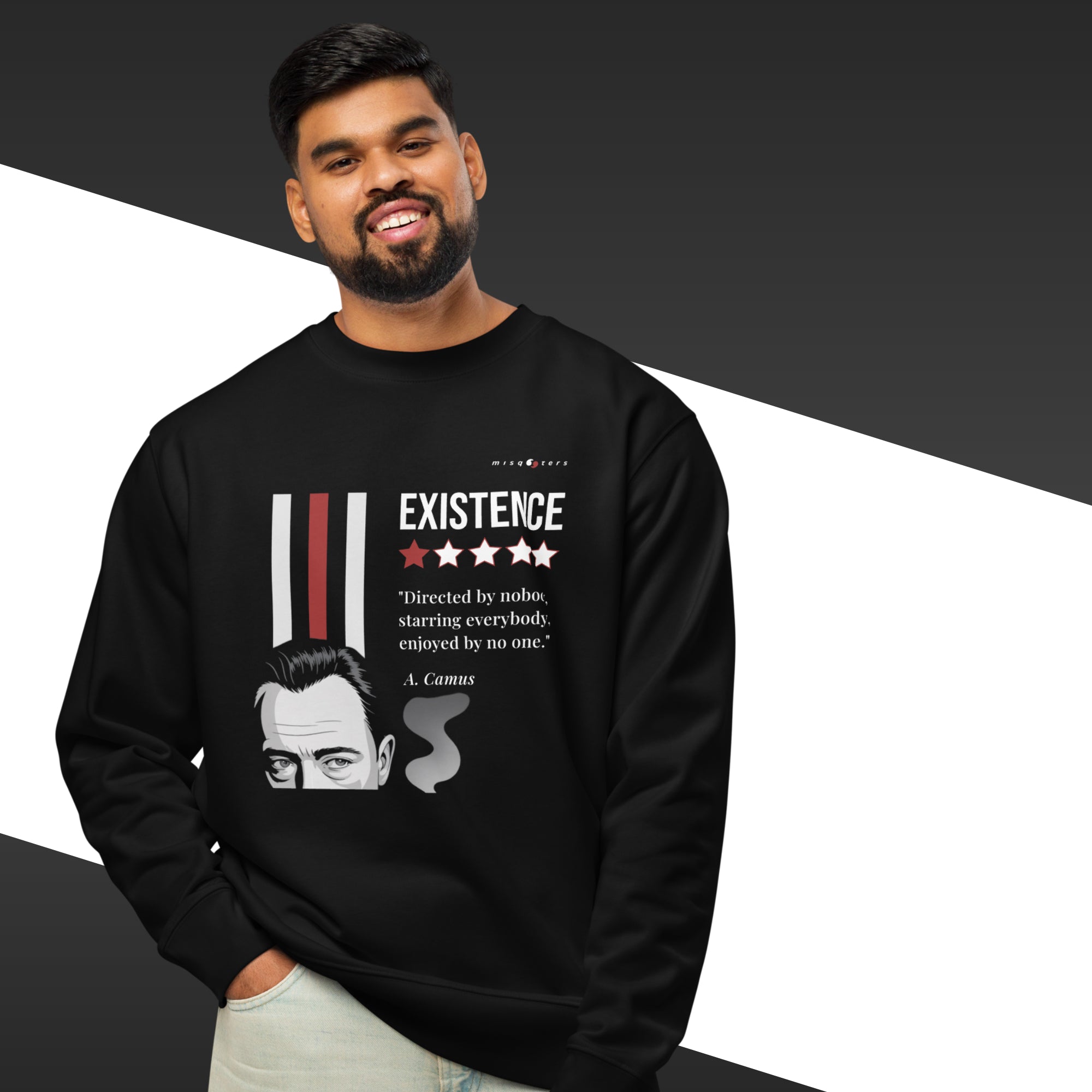 Man wearing a black sweatshirt with a graphic design and text on a black and white background