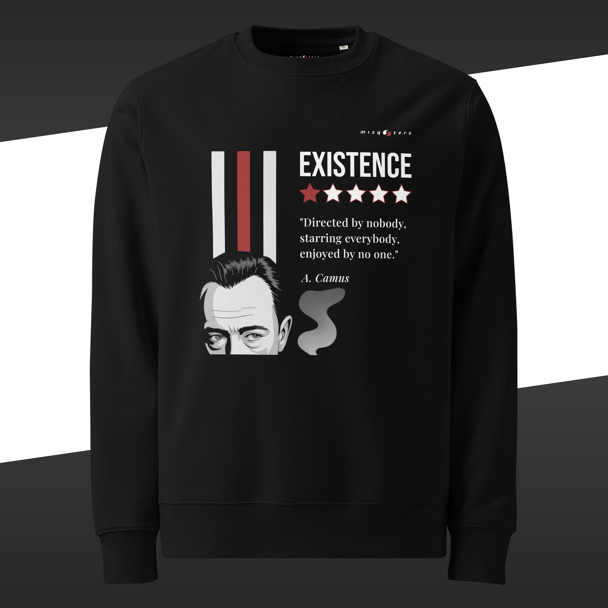 Black sweatshirt with a red and white graphic design featuring a quote by A. Camus on a white background