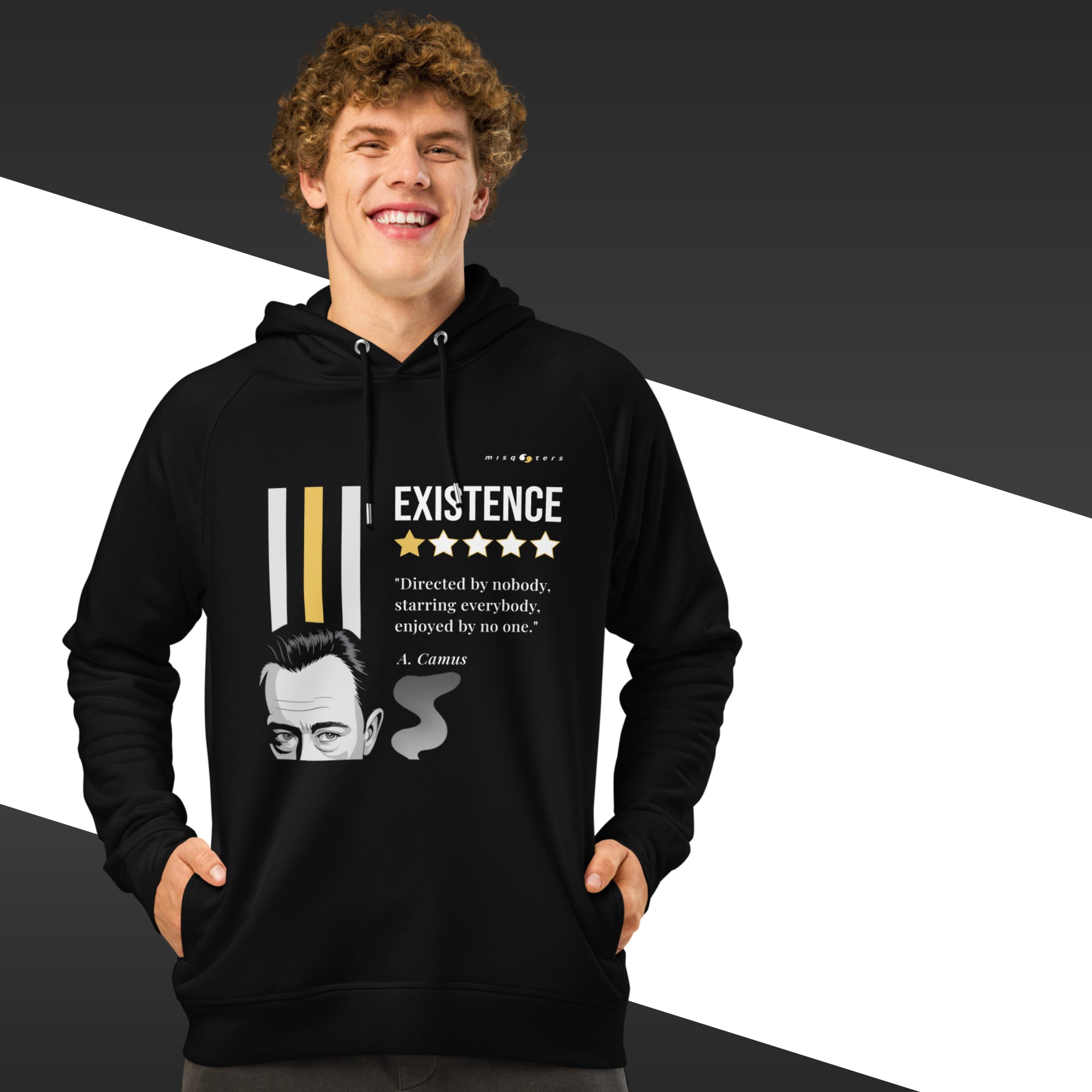 Person wearing a black hoodie with a graphic design and text on a black and white background