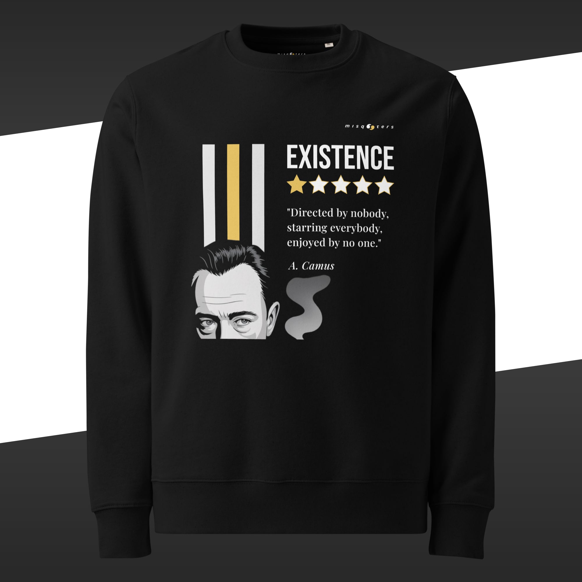 Black sweatshirt with a yellow and white graphic design featuring a quote by A. Camus on a white background