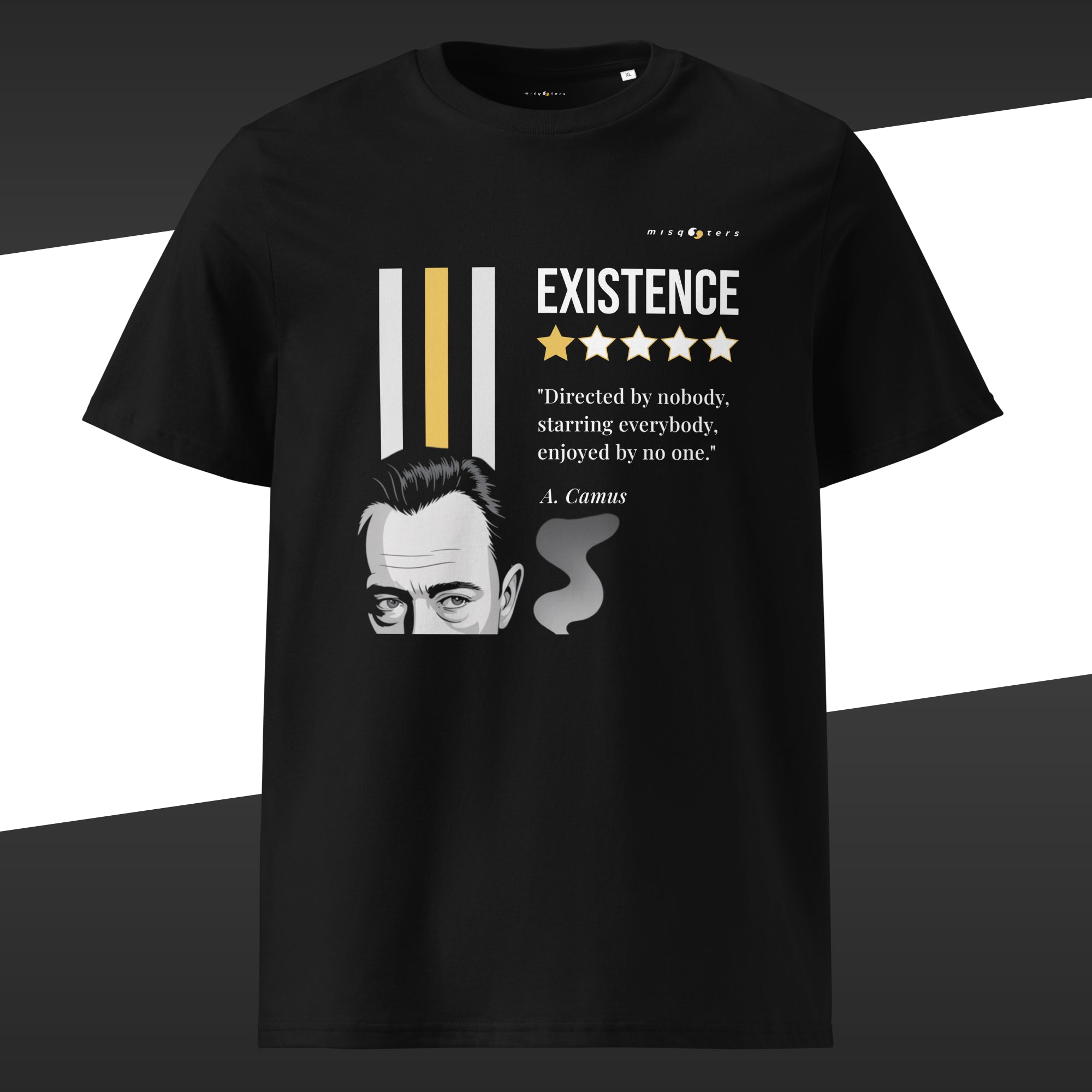 Black wide t-shirt with a graphic of Albert Camus and his fake quote "Existence, directed y nobody, staring everybody, enjoyed by no one" in yellow and white.