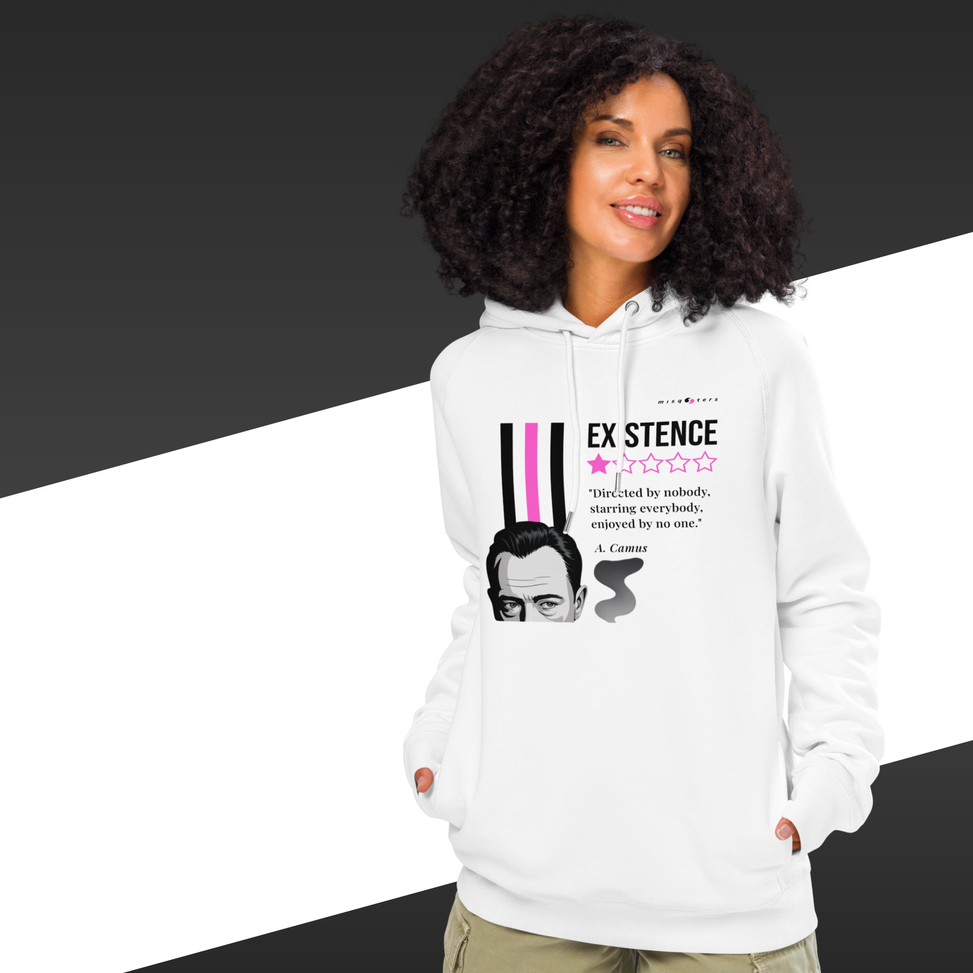 Person wearing a white hoodie with text and a graphic design on a black and white background