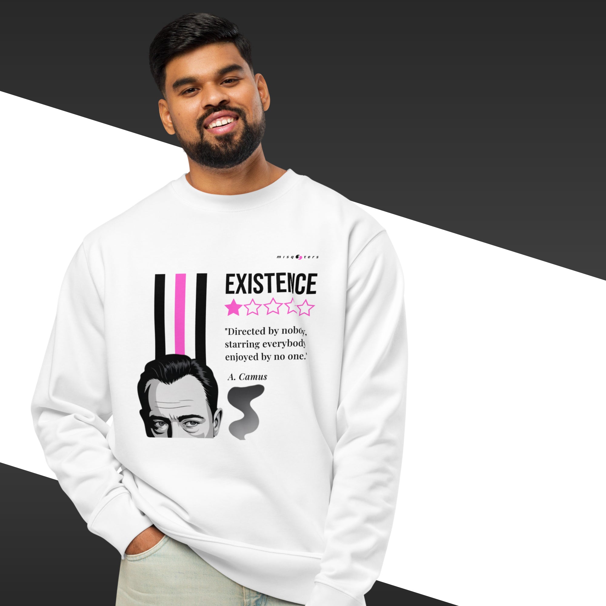 Person wearing a white sweatshirt with a graphic design and text on a black and gray background