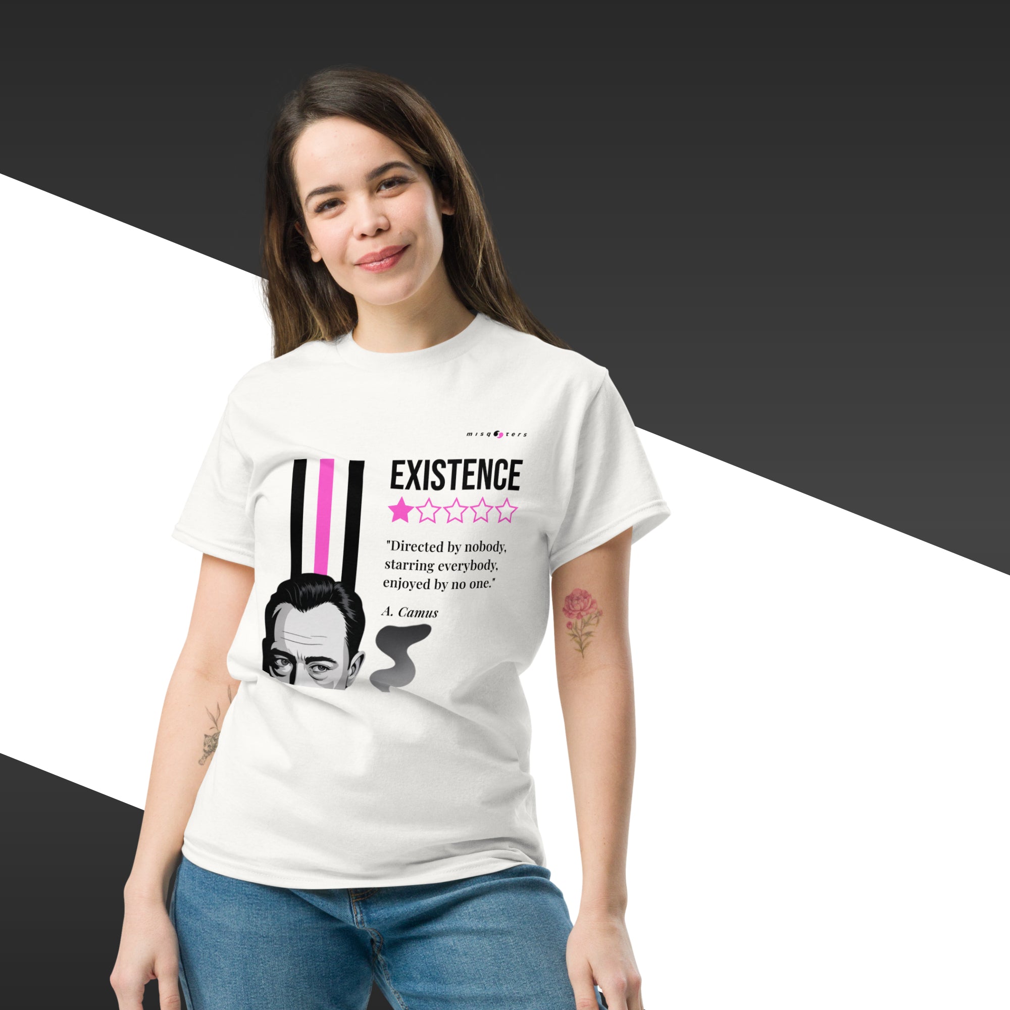 Person wearing a white t-shirt with text and graphics on a black and white background