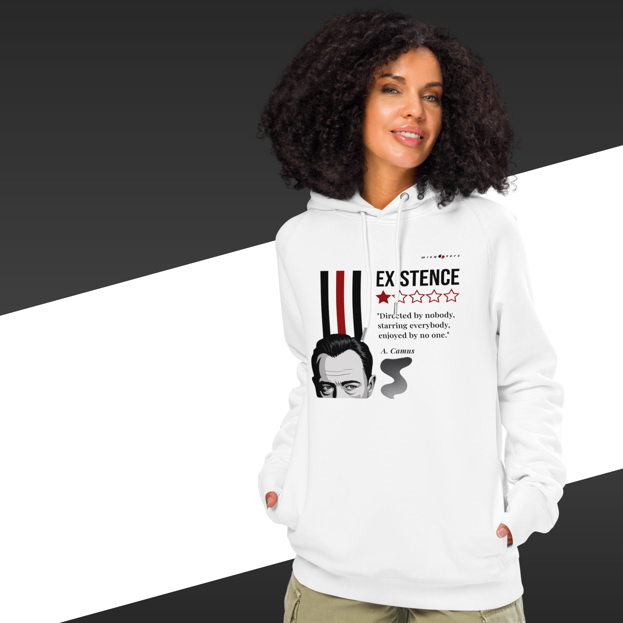 Person wearing a white hoodie with text and graphics on a black and white background