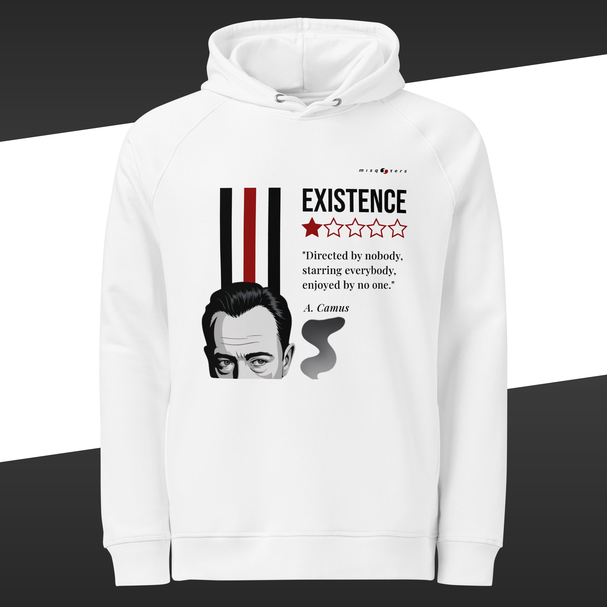 White hoodie with a white and red graphic design featuring a quote by A. Camus on a black and white background