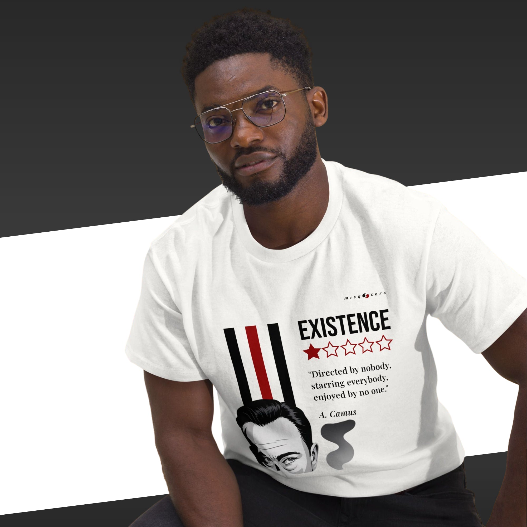 Man wearing a white t-shirt with a graphic design and text.