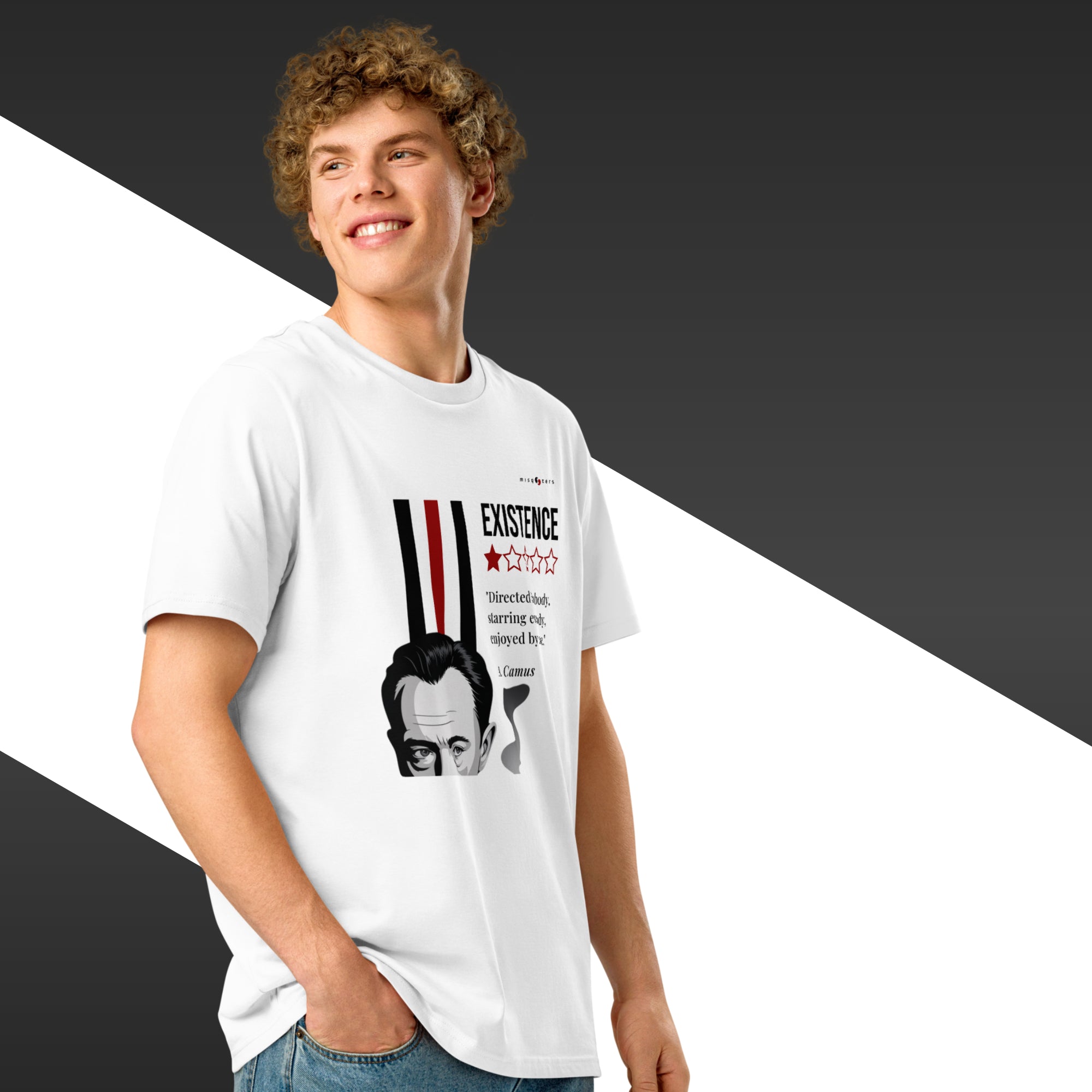 Man wearing a white t-shirt with a white and red graphic of Albert Camus and a quote