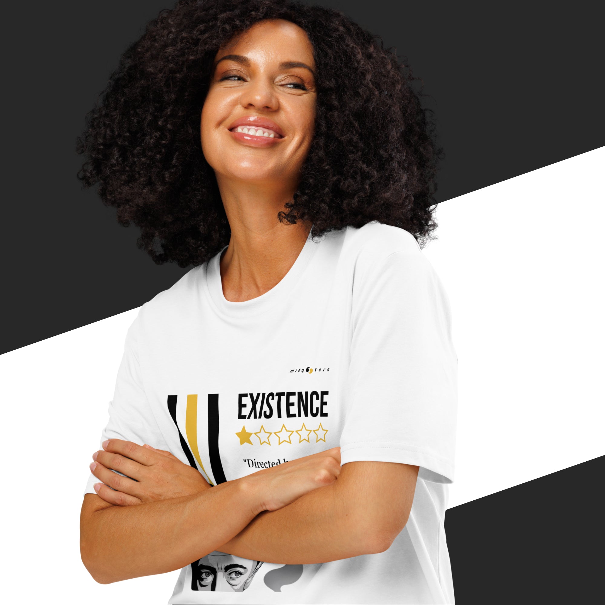 Woman wearing a white t-shirt with a white and yellow graphic of Albert Camus and a quote
