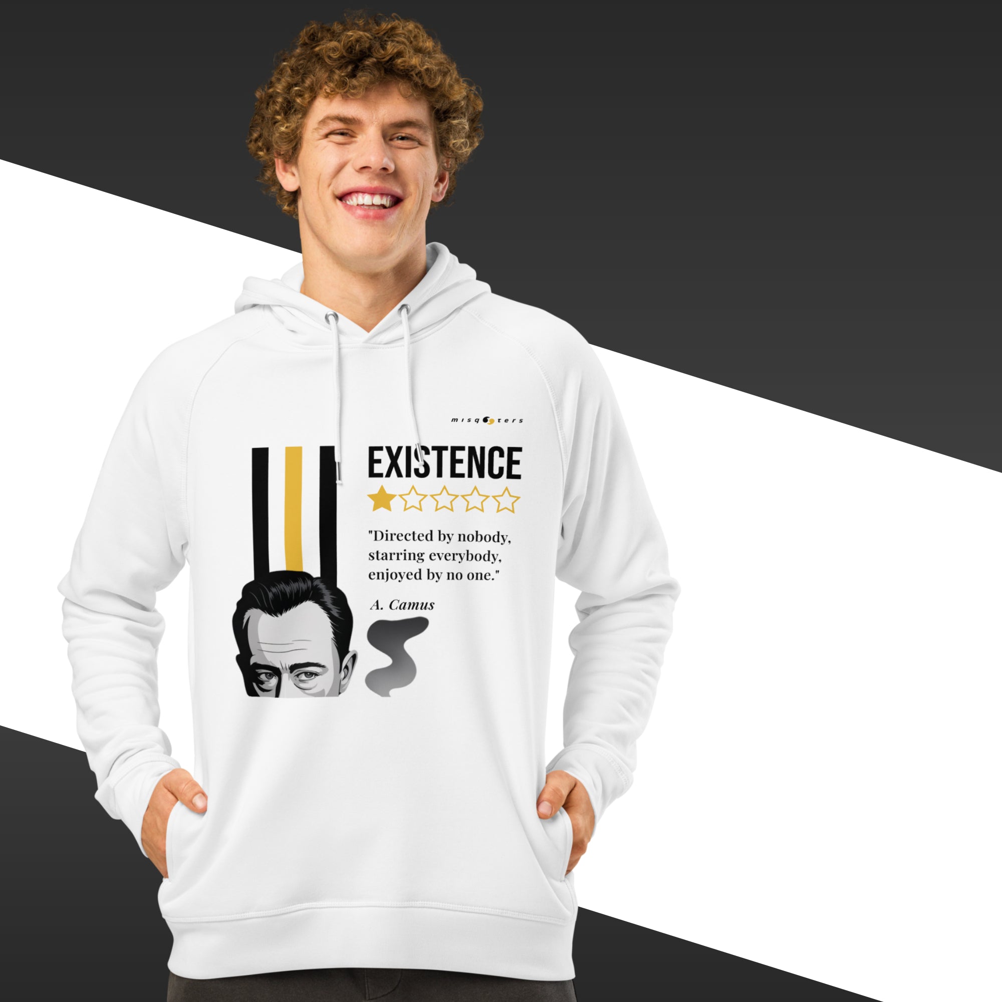 Person wearing a white hoodie with a graphic design and text on a black and white background