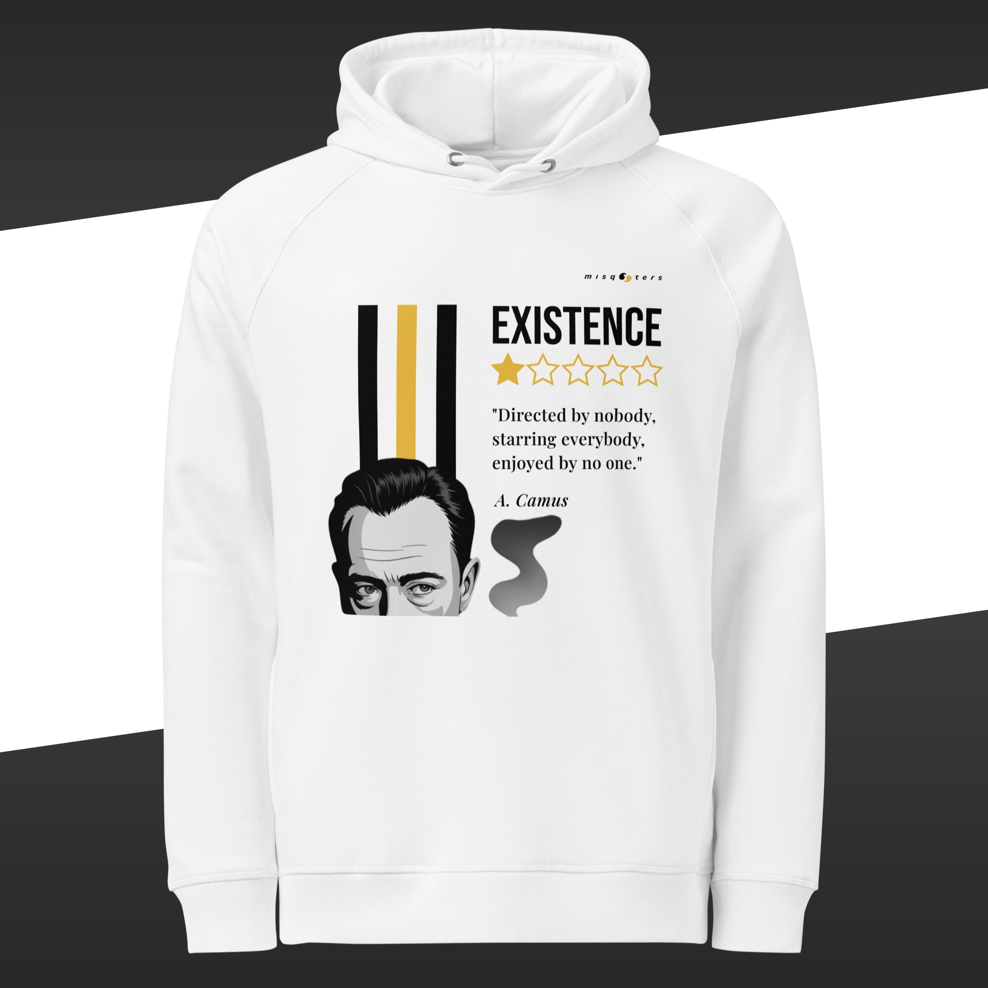 White hoodie with a white and yellow graphic design featuring a quote by A. Camus on a black and white background