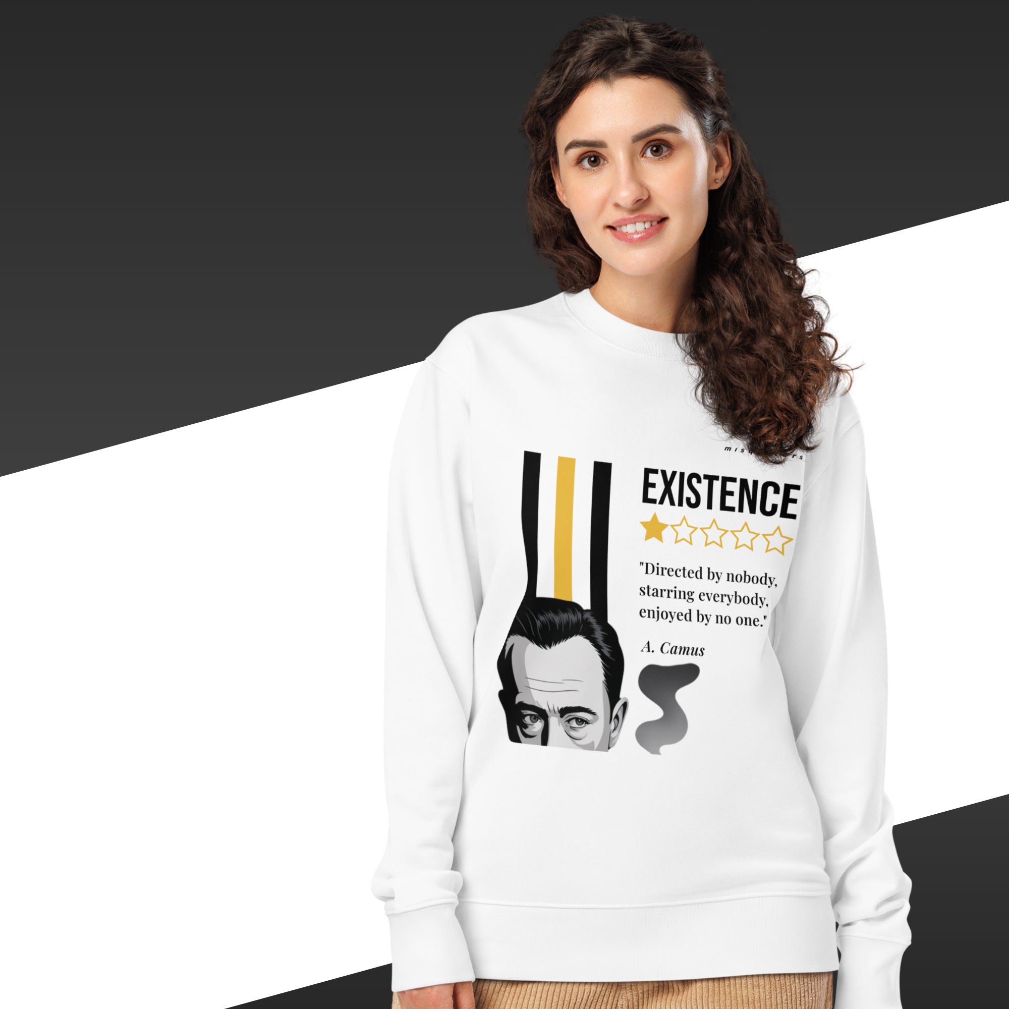 Woman wearing a white sweatshirt with a graphic design and text on a black and white background