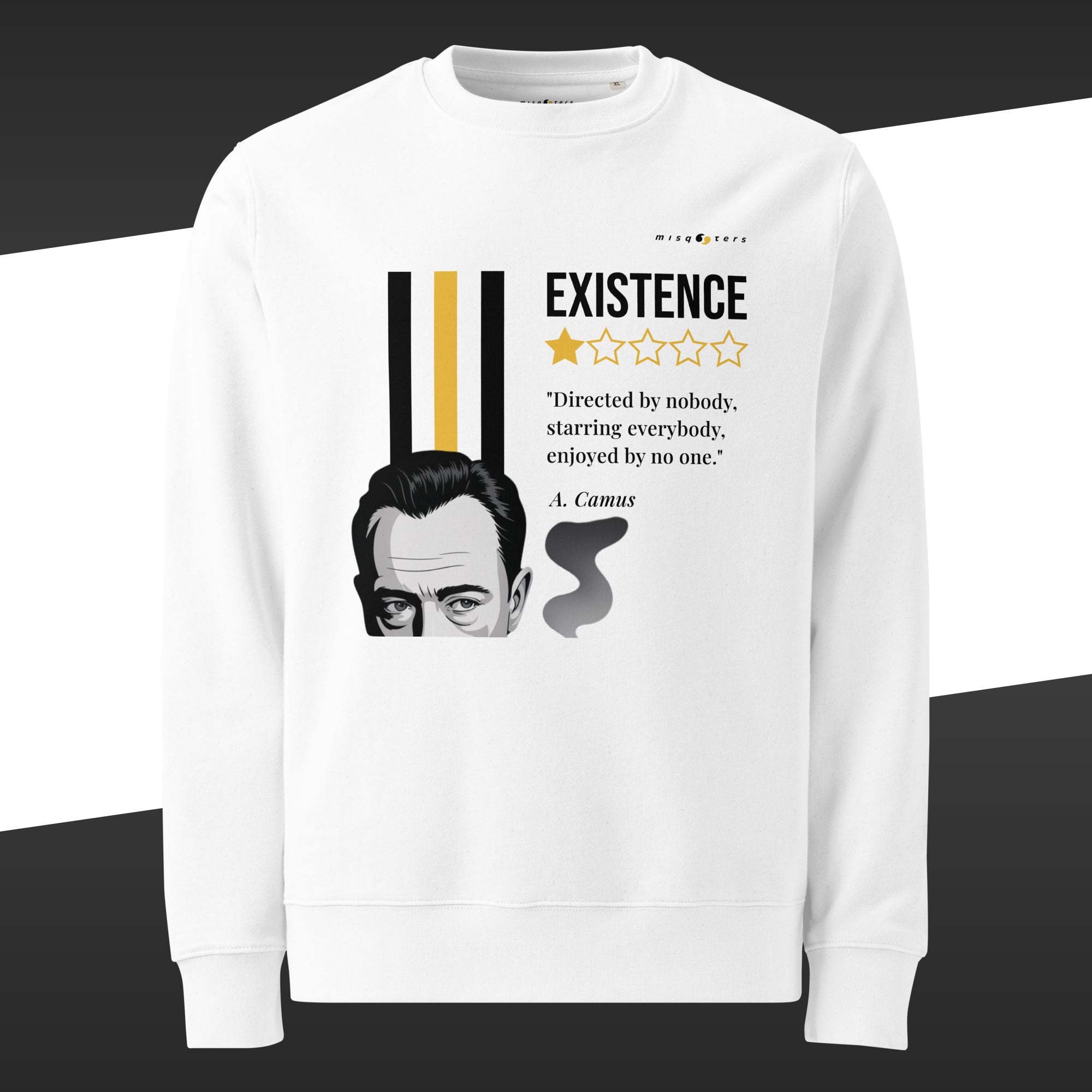 White sweatshirt with a yellow and black graphic design featuring a quote by A. Camus on a white background