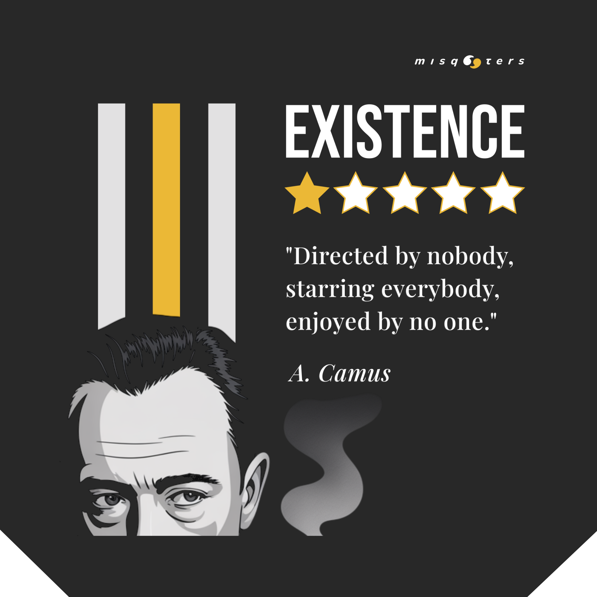 Portrait of Albert Camus with a fake quote and a five-star rating on a black background.