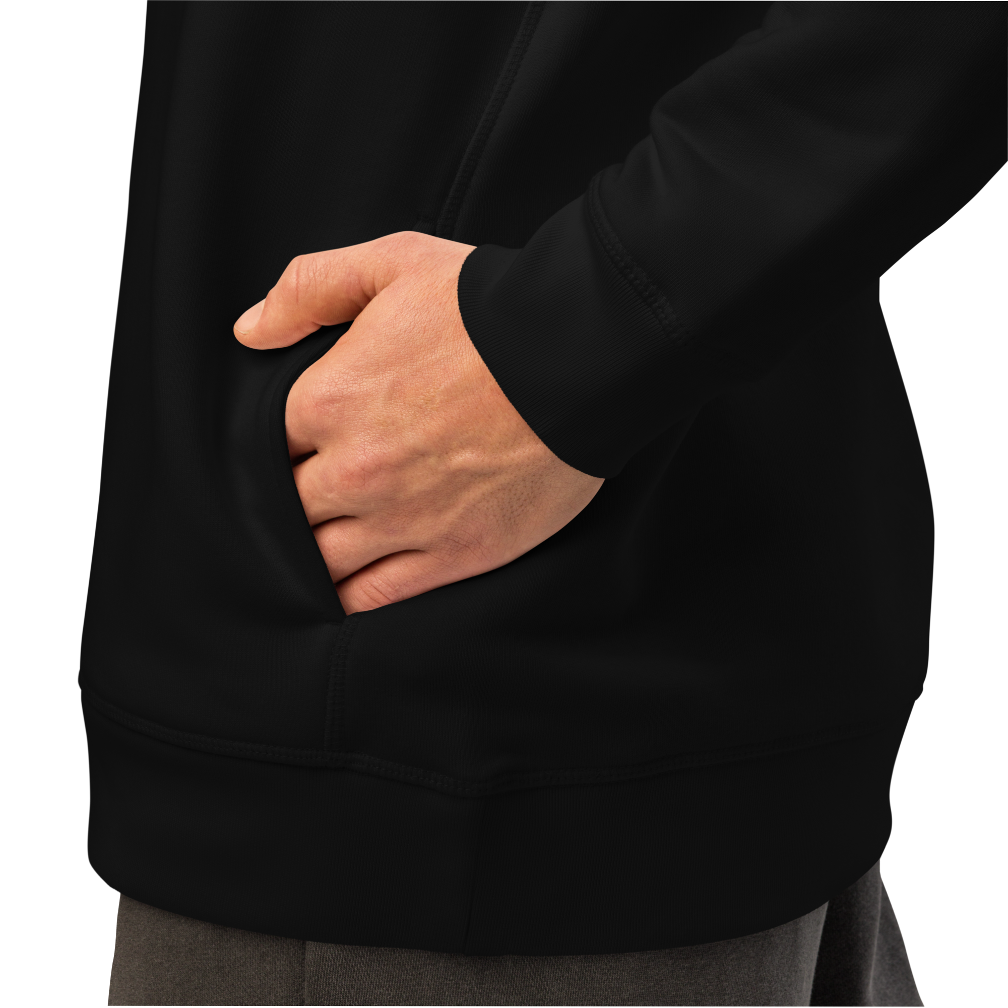 Person wearing a black hoodie with hand in pocket on a white background