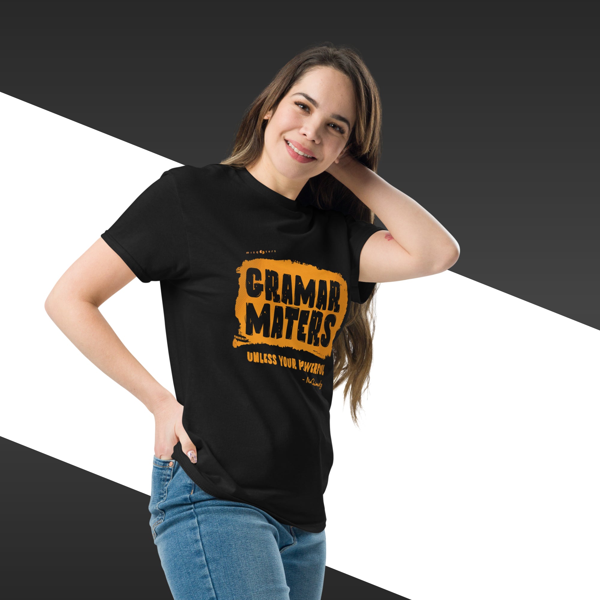 Woman wearing a black t-shirt with 'Grammar Matters Unless Your Wife Says Otherwise' text design.