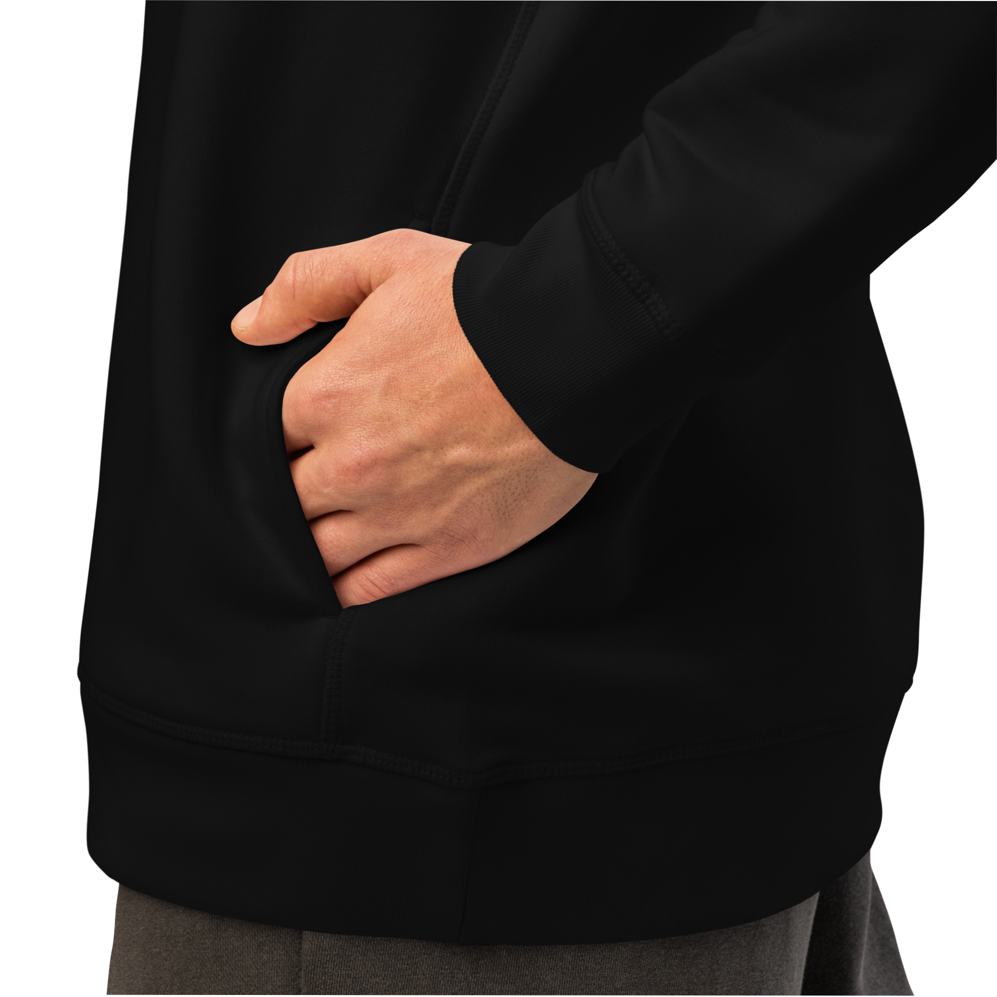 Hand in a side pocket of a hoodie on a white background