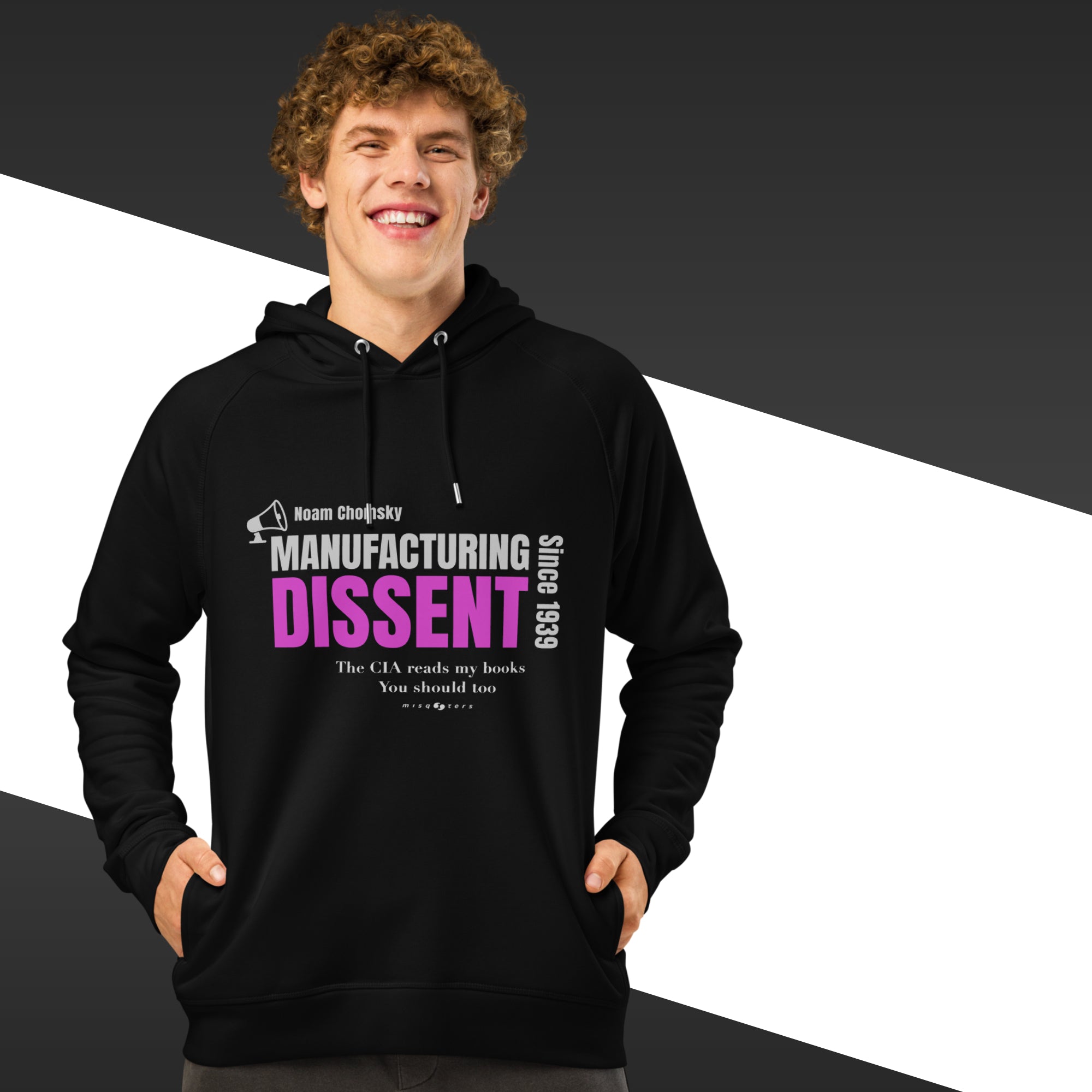 Man with black hoodie featuring the fake quote "manufacturing dissent" by Noam Chomsky in white and purple.