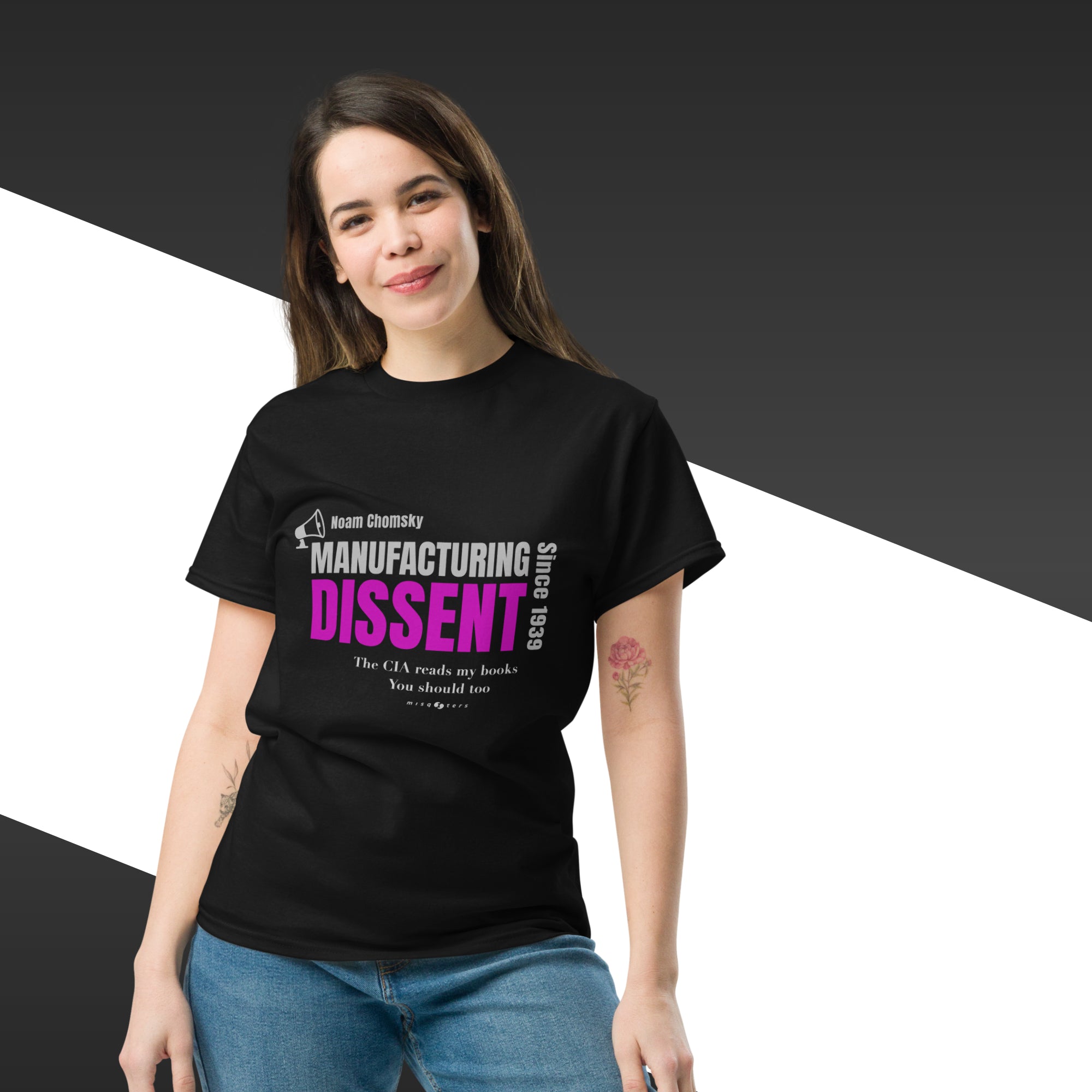 mock up of a woman with a t-shirt quoting chomsky saying "Manufacturing Dissent".