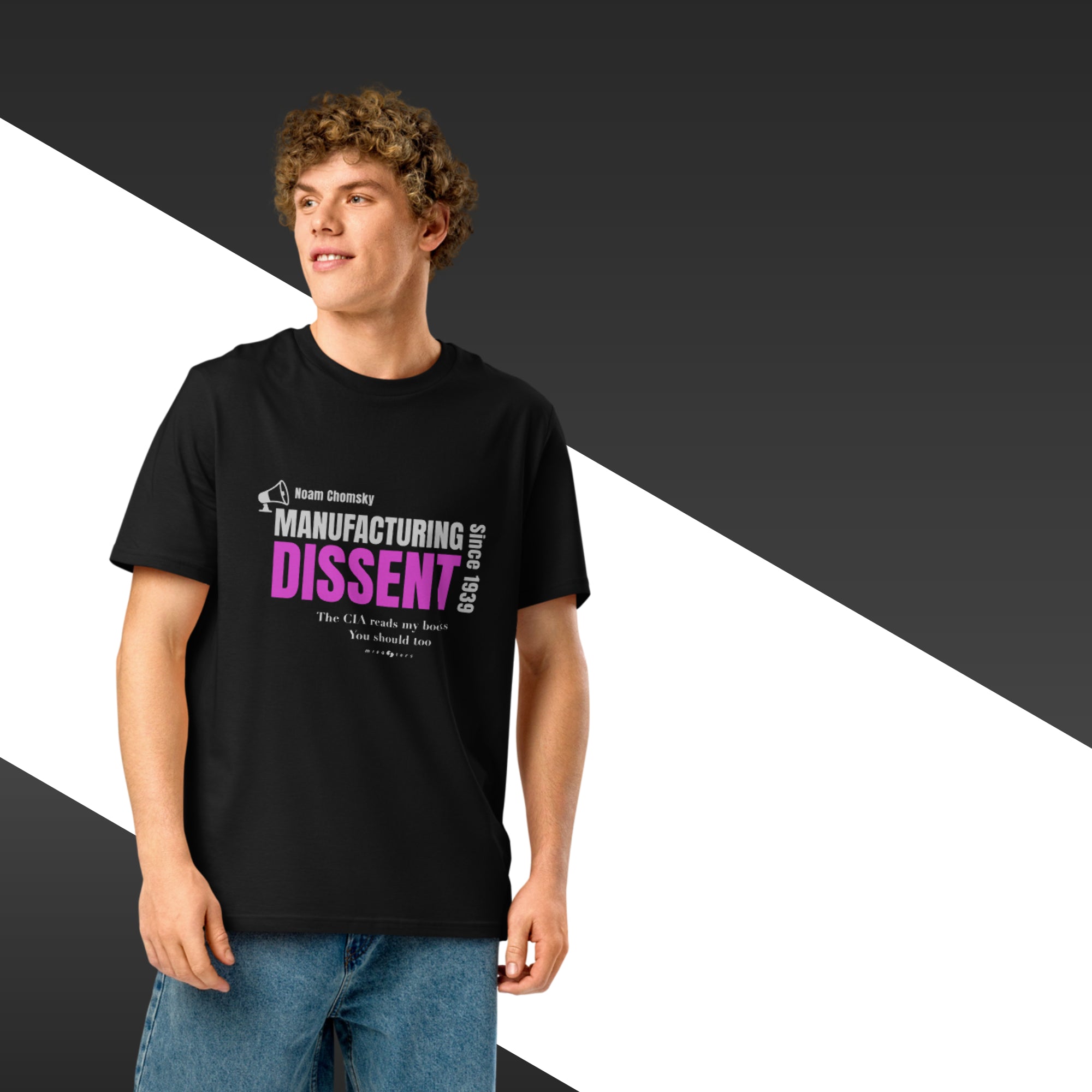 Person wearing a black t-shirt with text on a black and white background