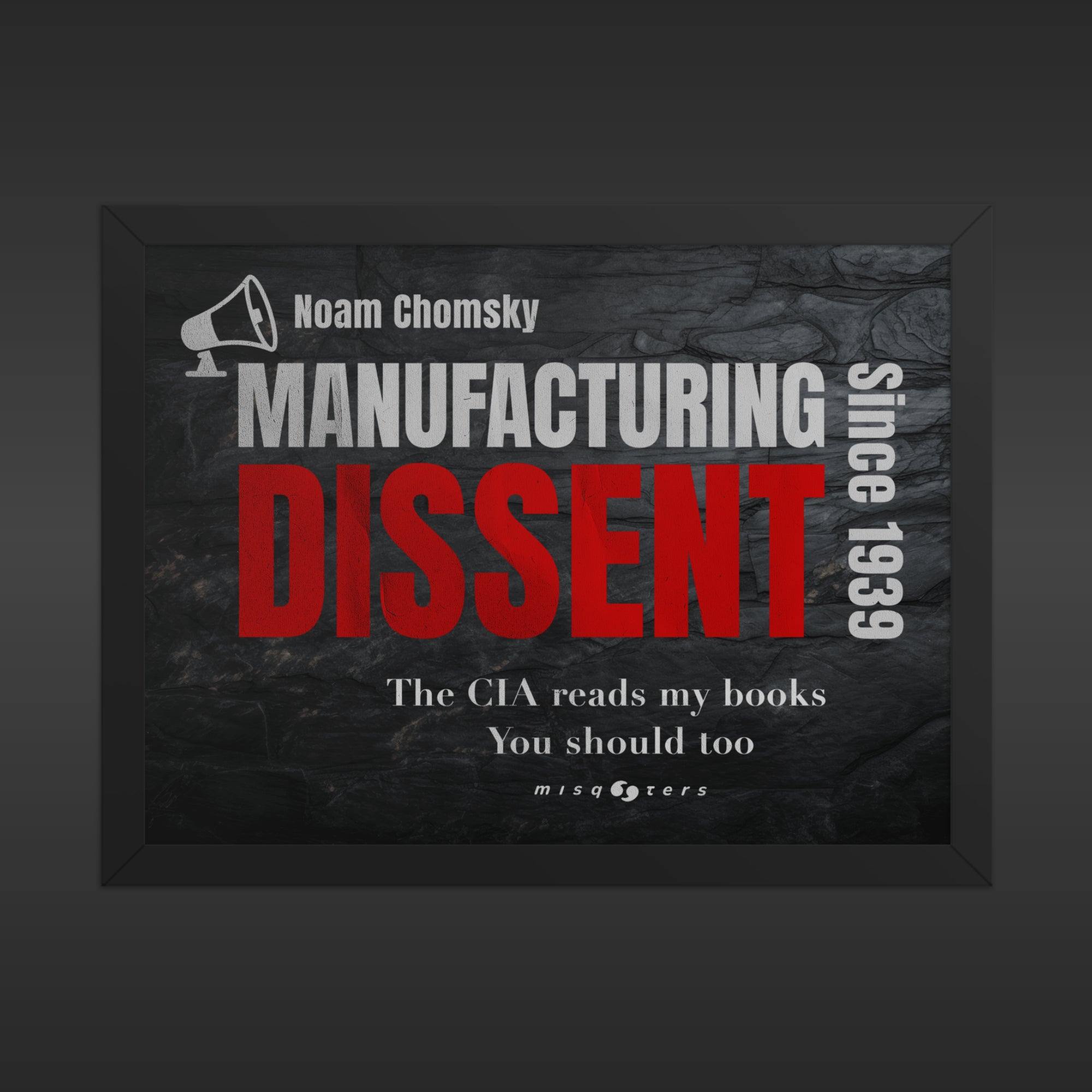 Framed poster of 'Manufacturing Dissent' by Noam Chomsky with a megaphone icon on a dark background.