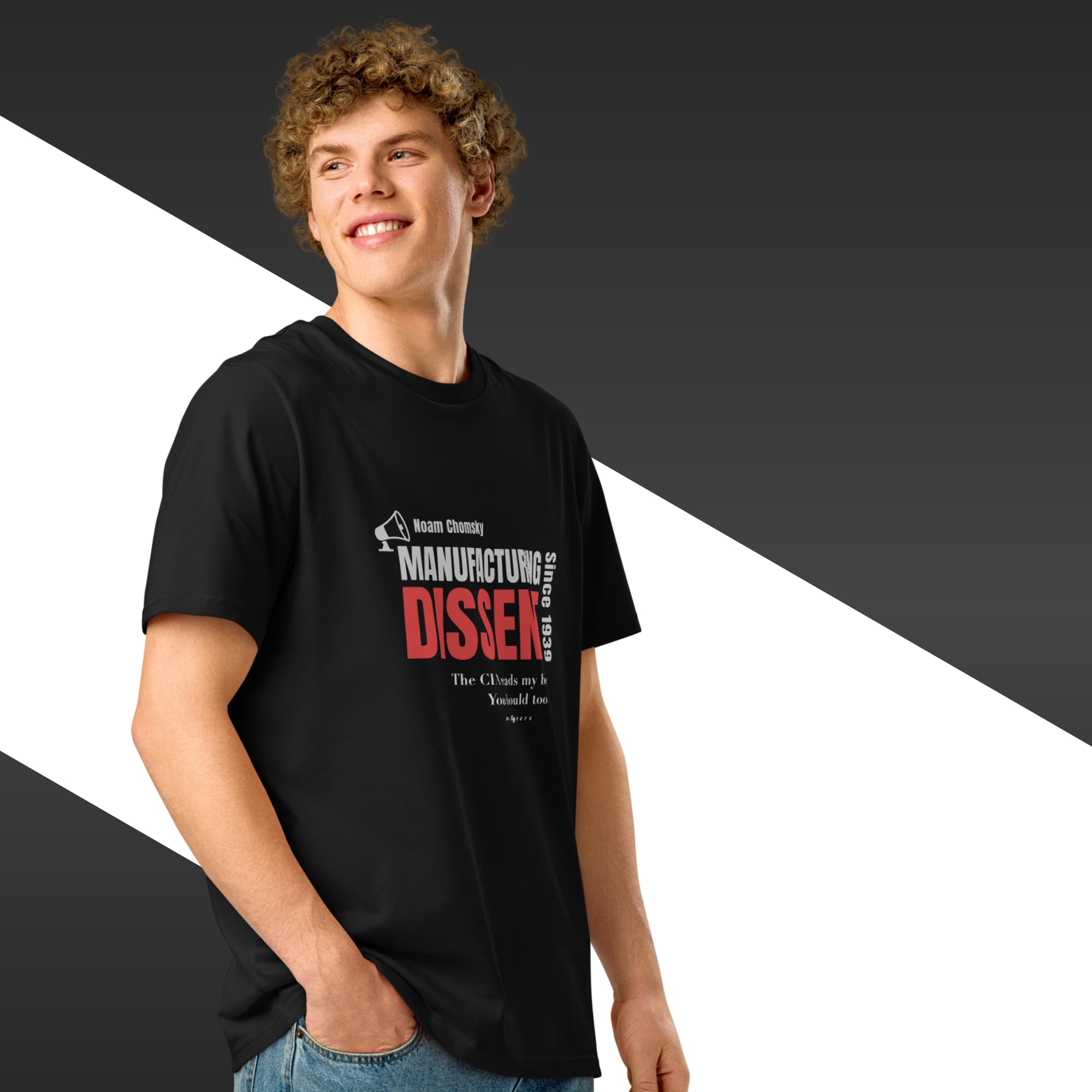 Person wearing a black t-shirt with red and white text on a black and white background