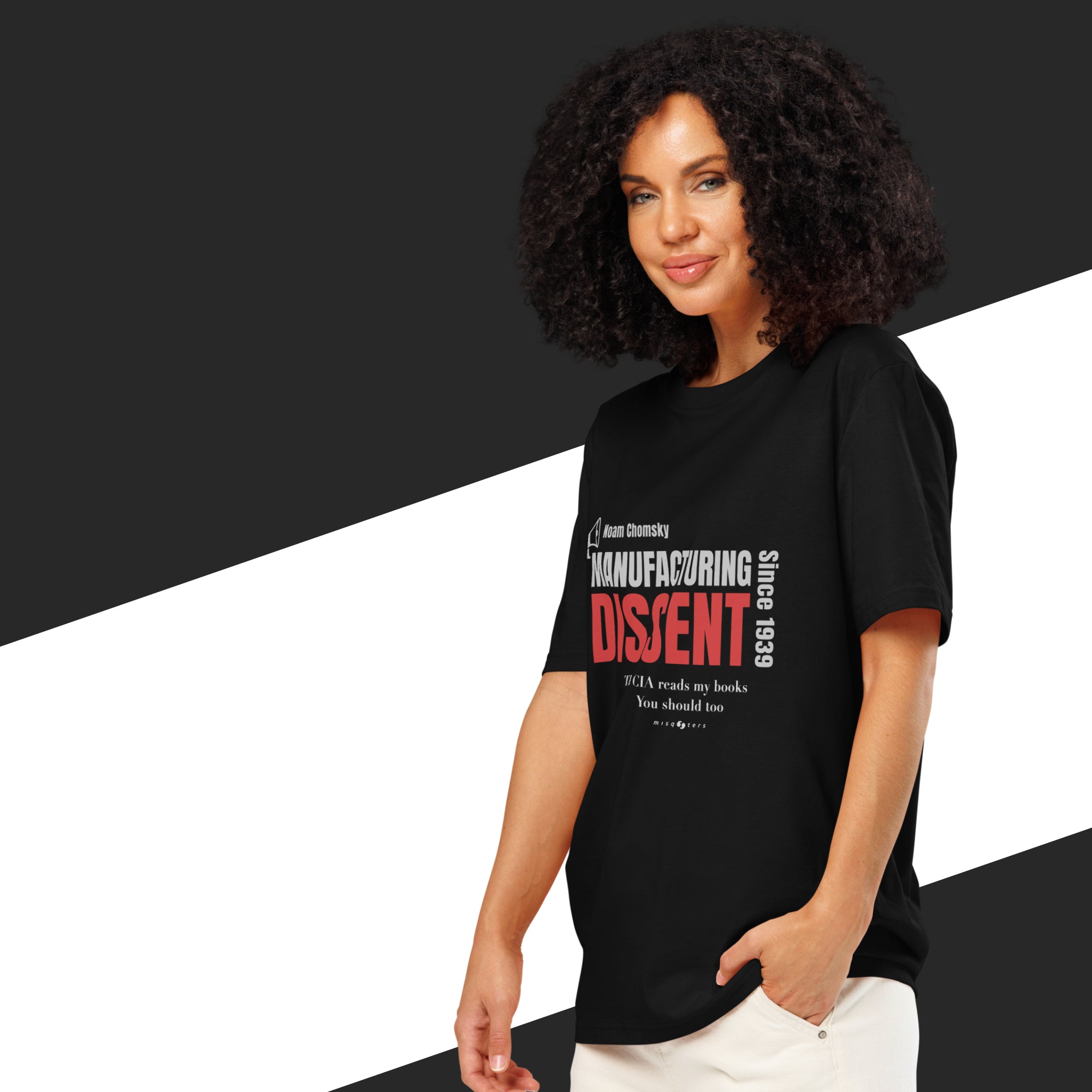 Woman wearing a black t-shirt with text on a black and white background