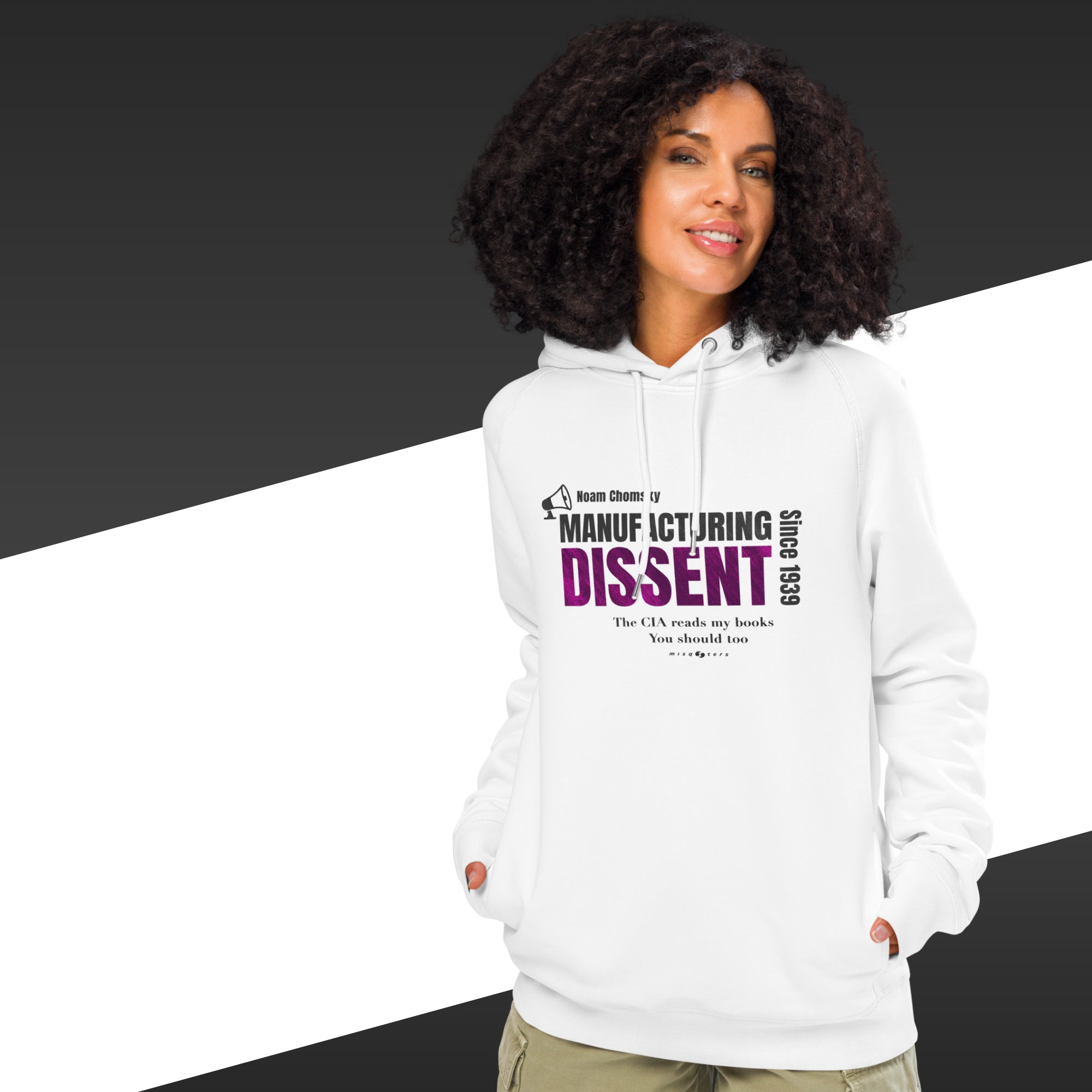 Woman with white hoodie featuring the fake quote "manufacturing dissent" by Noam Chomsky in white and purple.