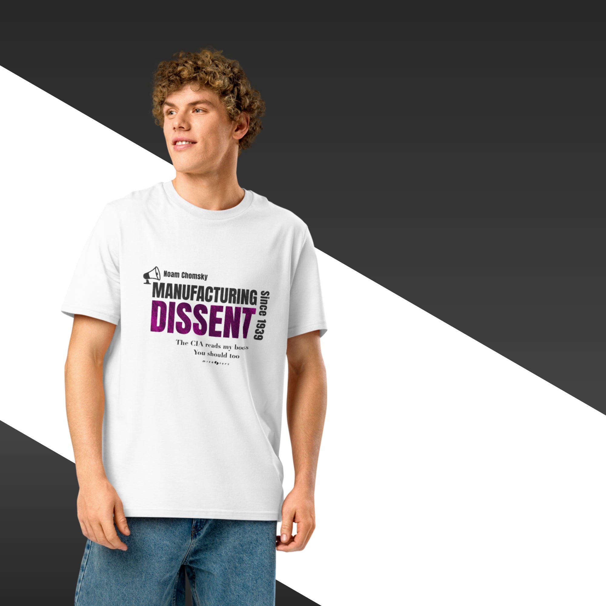 Person wearing a white t-shirt with text on a black and white background