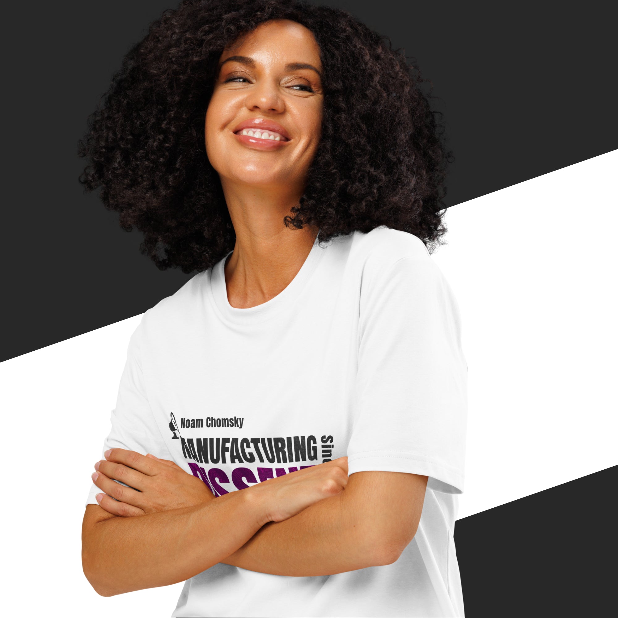 Woman wearing a white t-shirt with text, standing against a black and white background