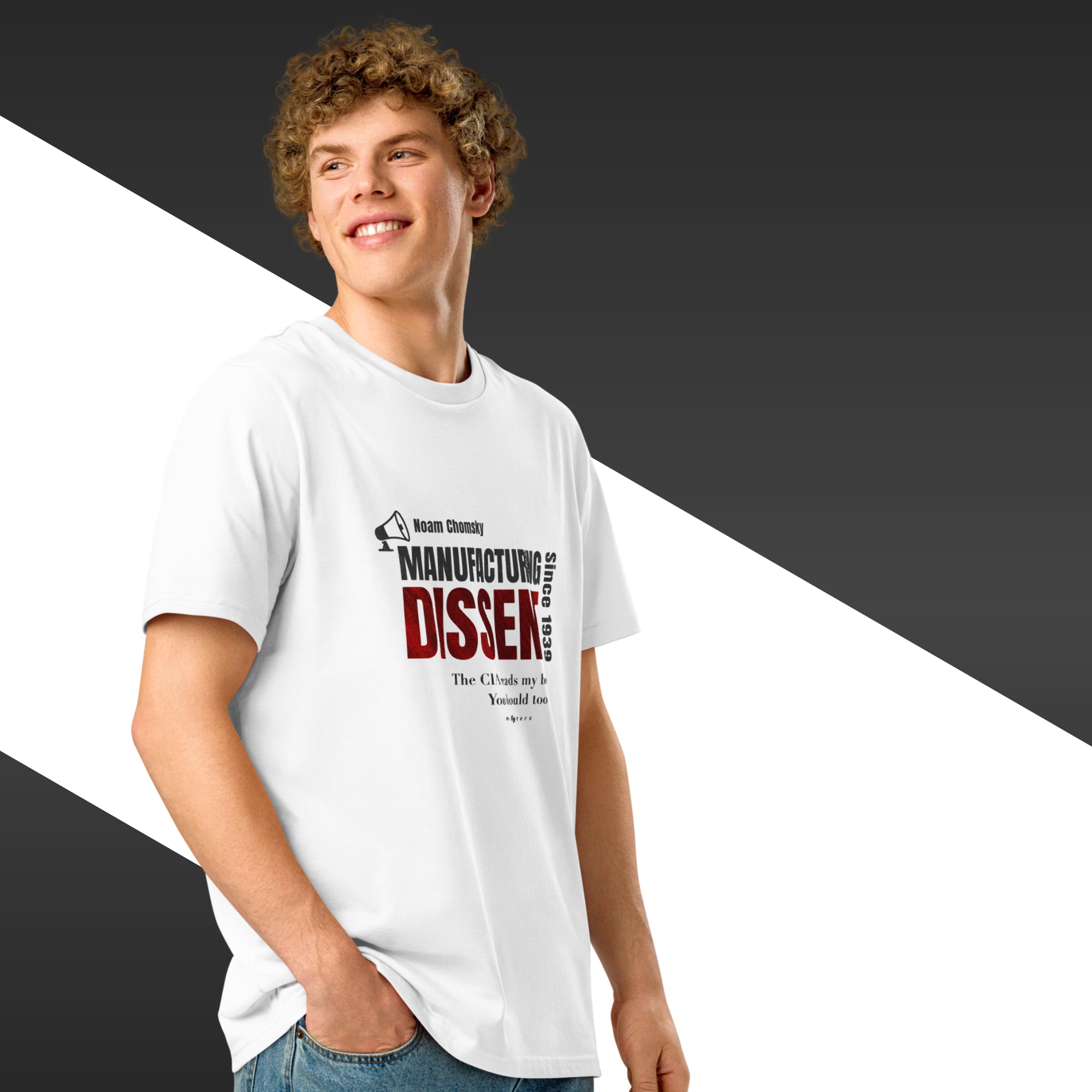 Person wearing a white t-shirt with text and logo on a black and white background