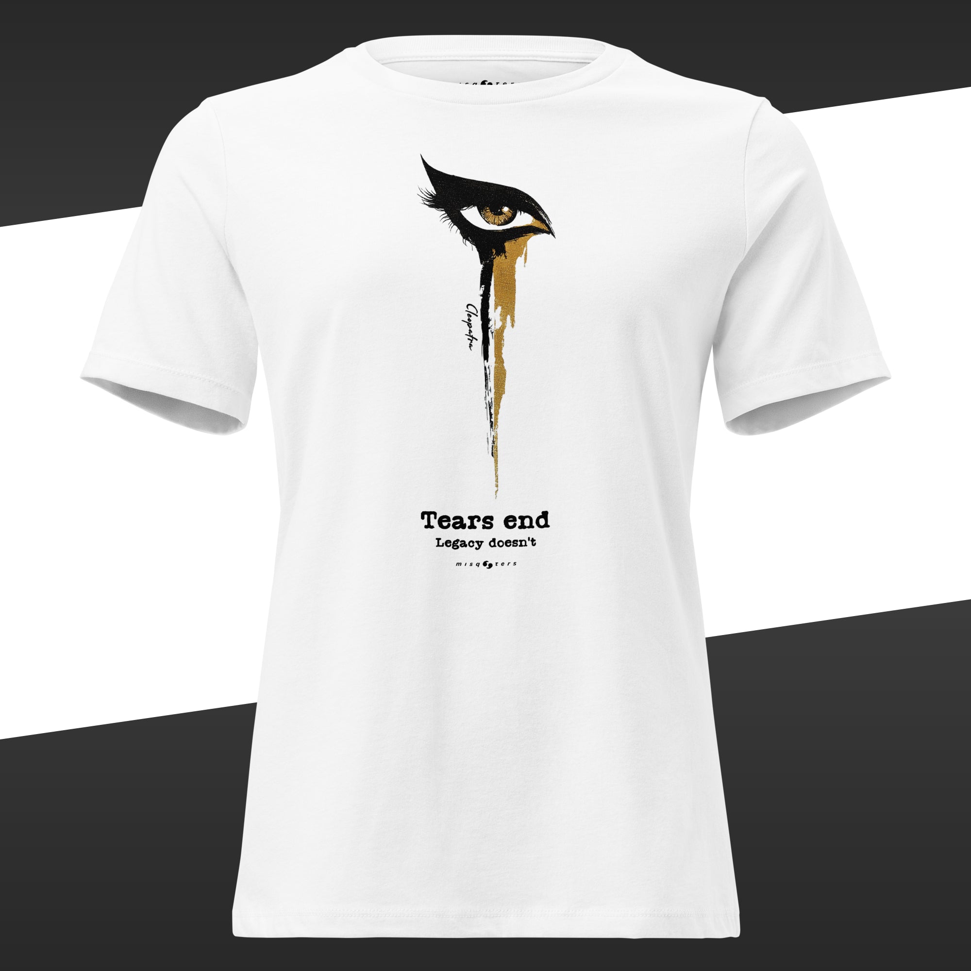 White t-shirt with a graphic design of an eye and text on a black and white background
