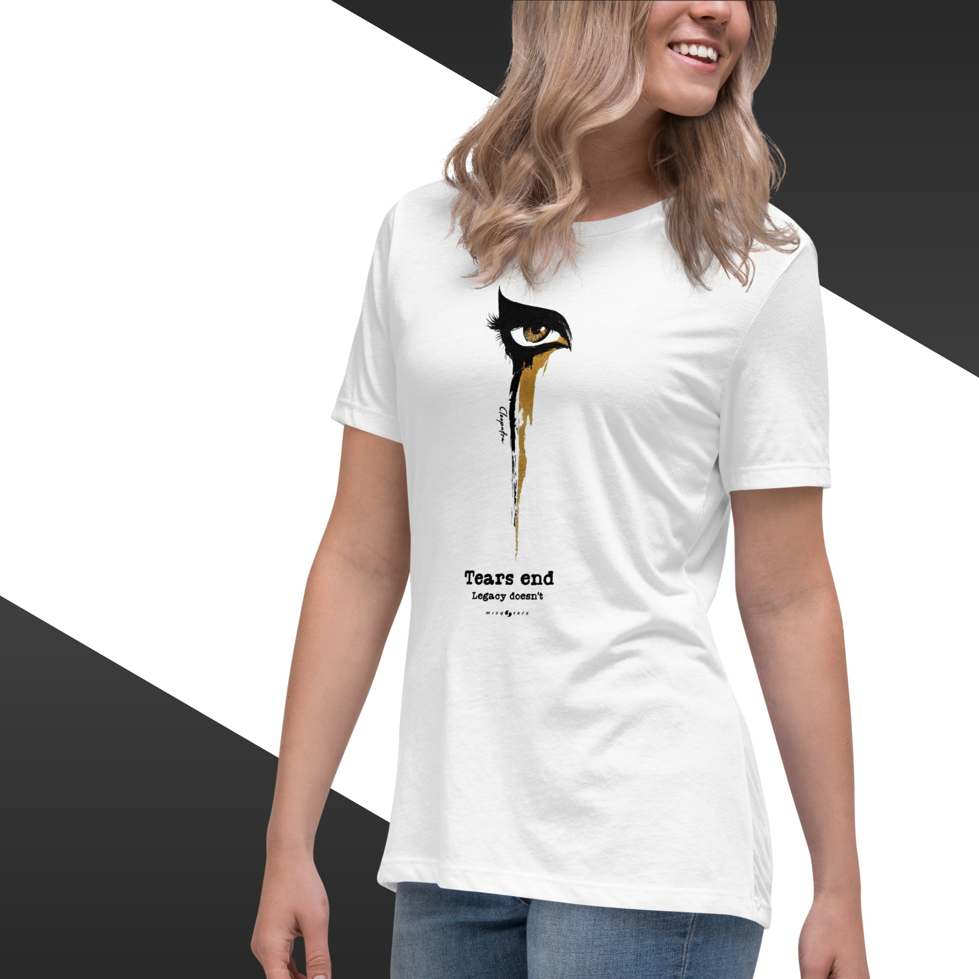 Person wearing a white t-shirt with a graphic design on a black and white background