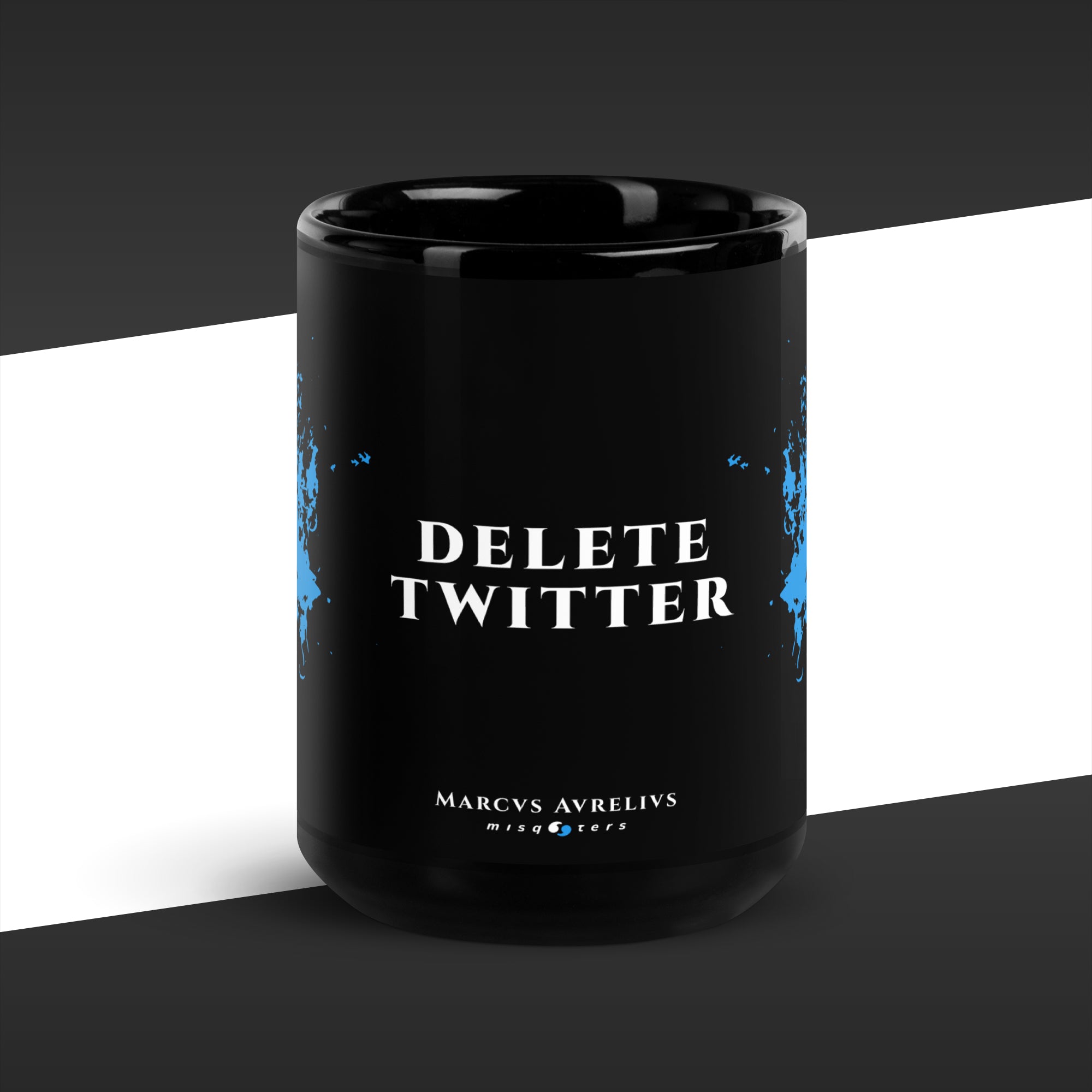Black mug with 'DELETE TWITTER' text on a black and white background