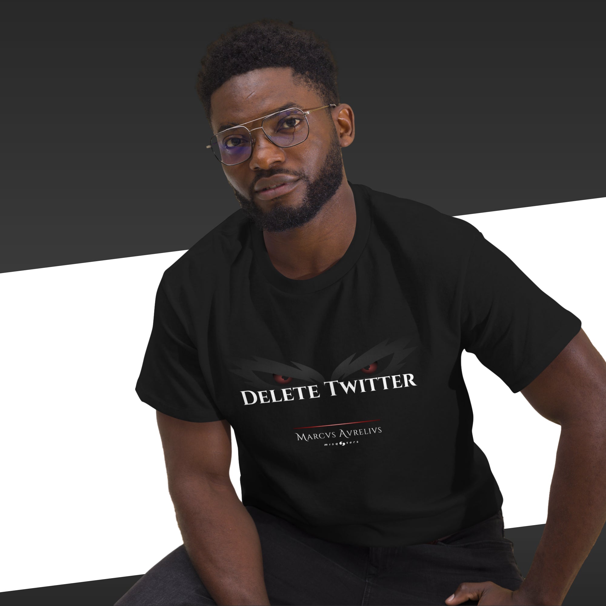 Delete Twitter (Shadow ed.) - Marcus Aurelius | Classic tee - black t-shirt mockup on male model alternate pose