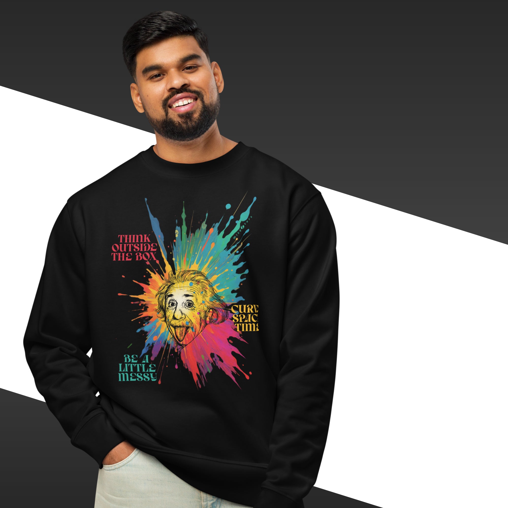 Man wearing a black sweatshirt with colorful graphic design and text.