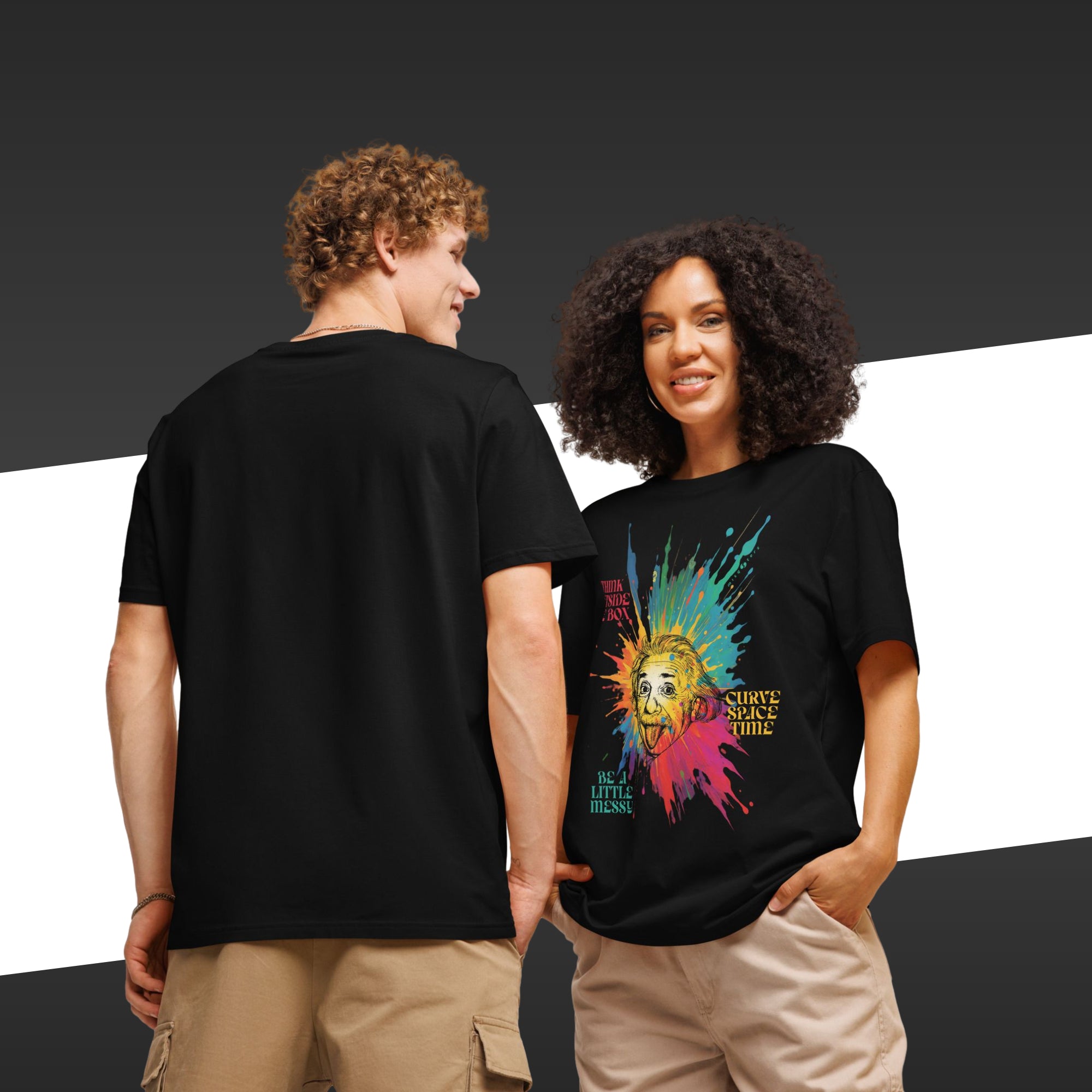 Two people wearing black t-shirts, one with a colorful graphic design.
