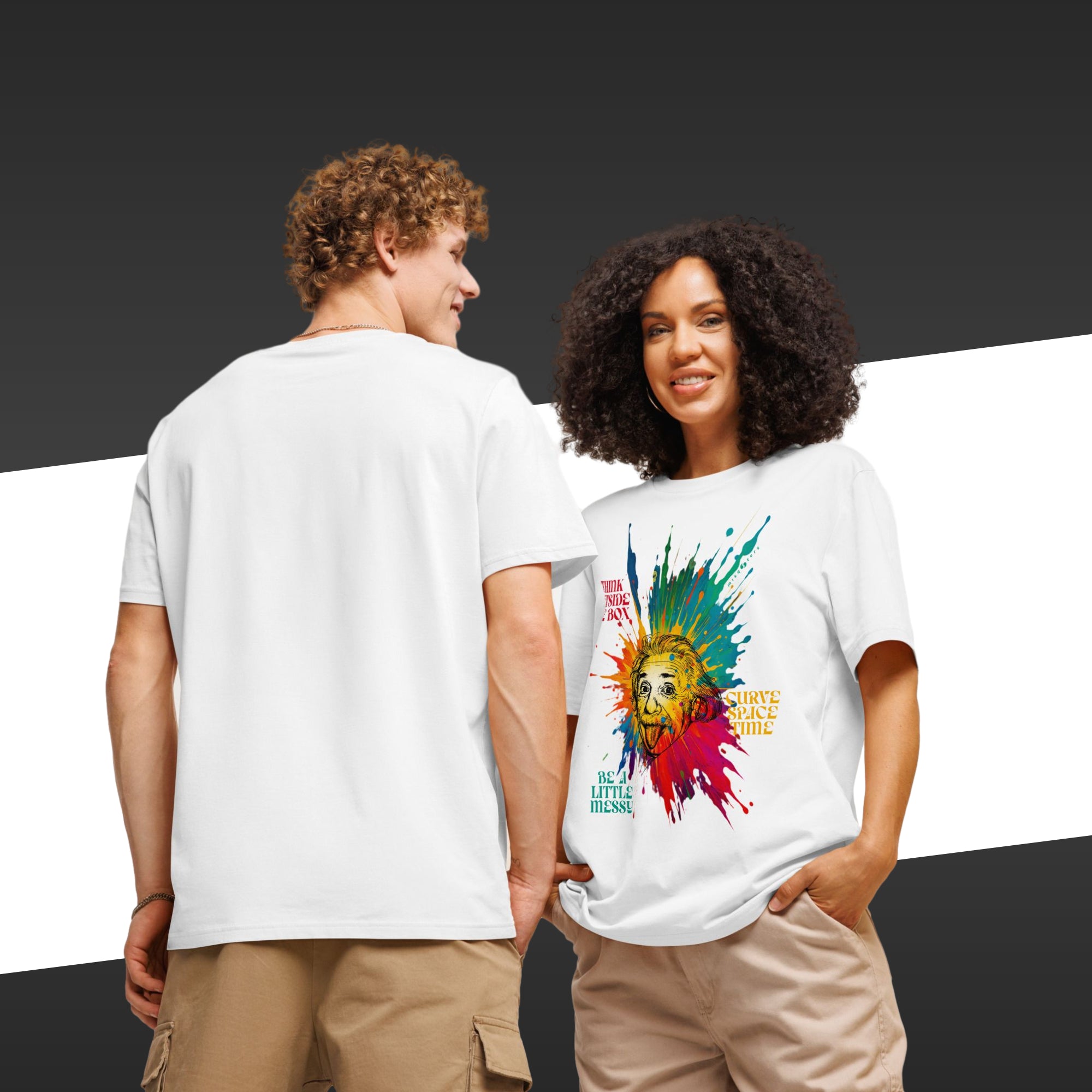 Two people wearing white t-shirts with colorful graphic designs on a black background