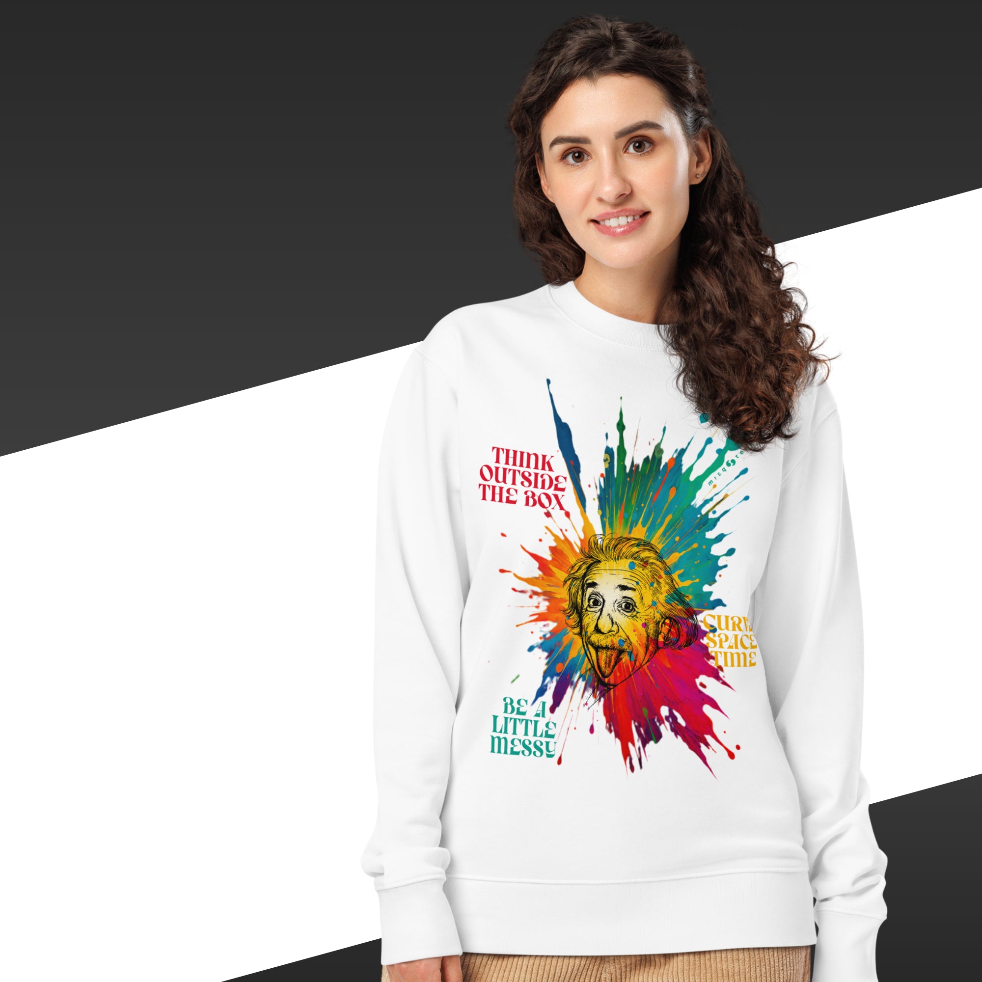 Woman wearing a white sweatshirt with colorful graphic design and text.