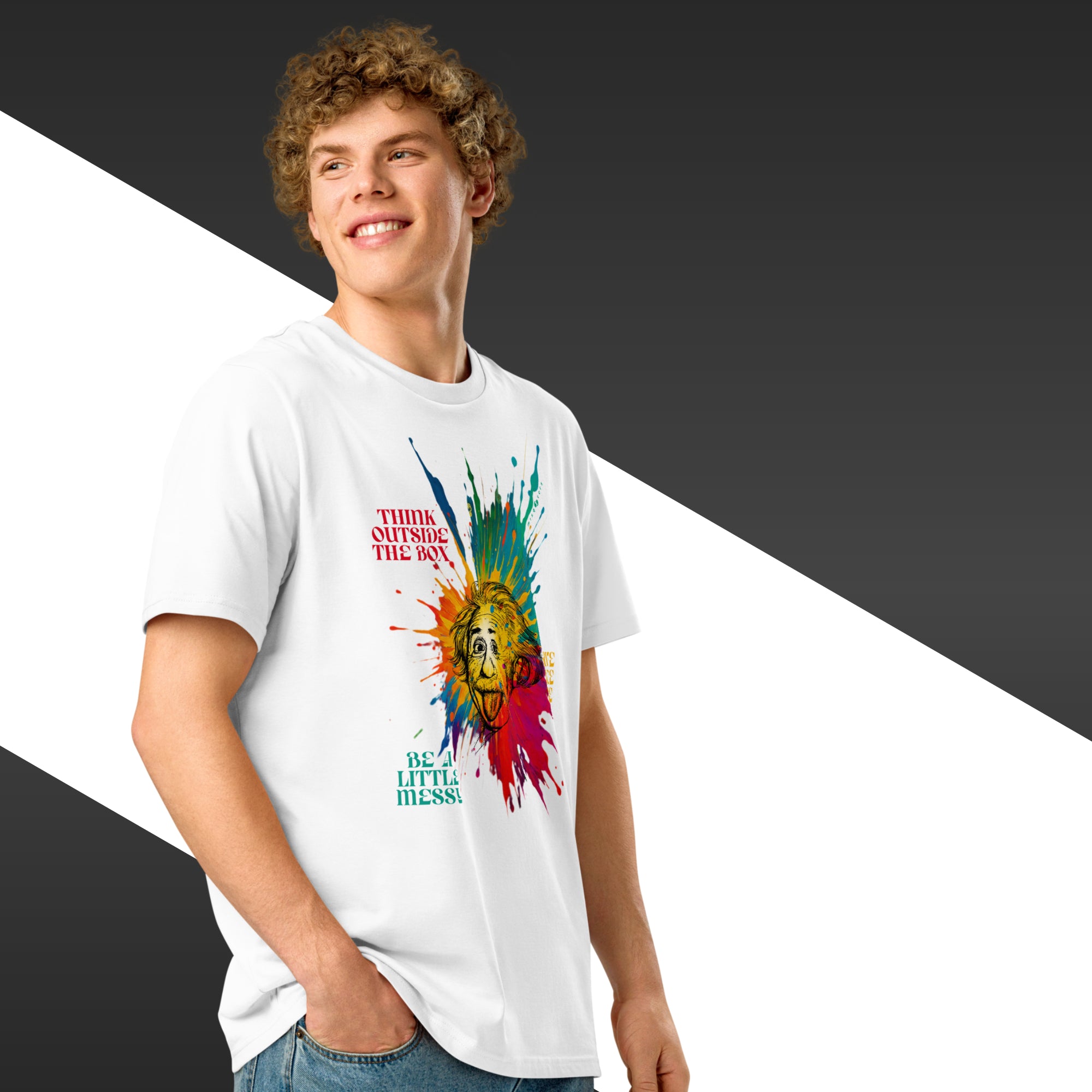 Person wearing a white t-shirt with colorful graphic design and text.
