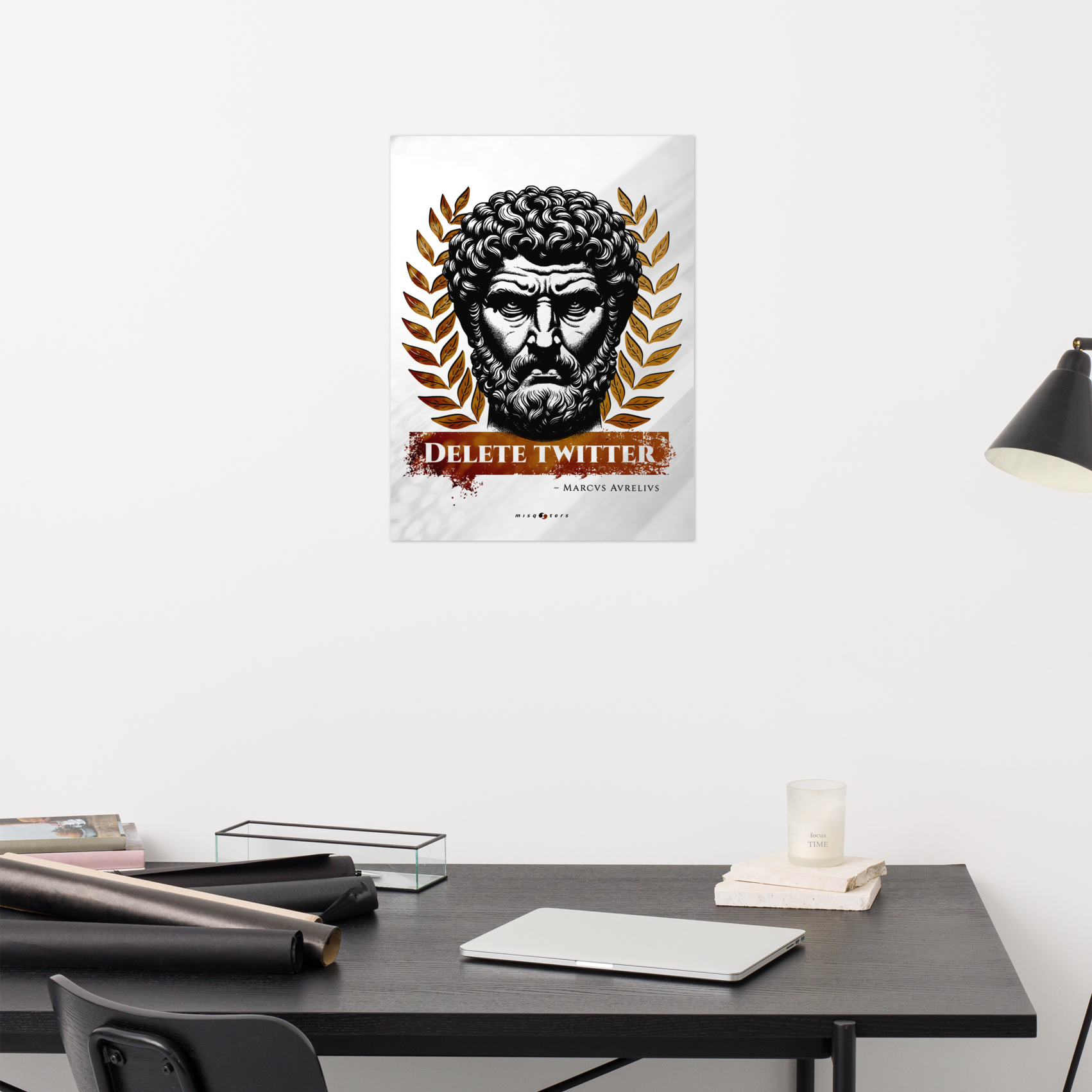 Poster with a stylized face and 'Delete Twitter' text on a wall above a desk.