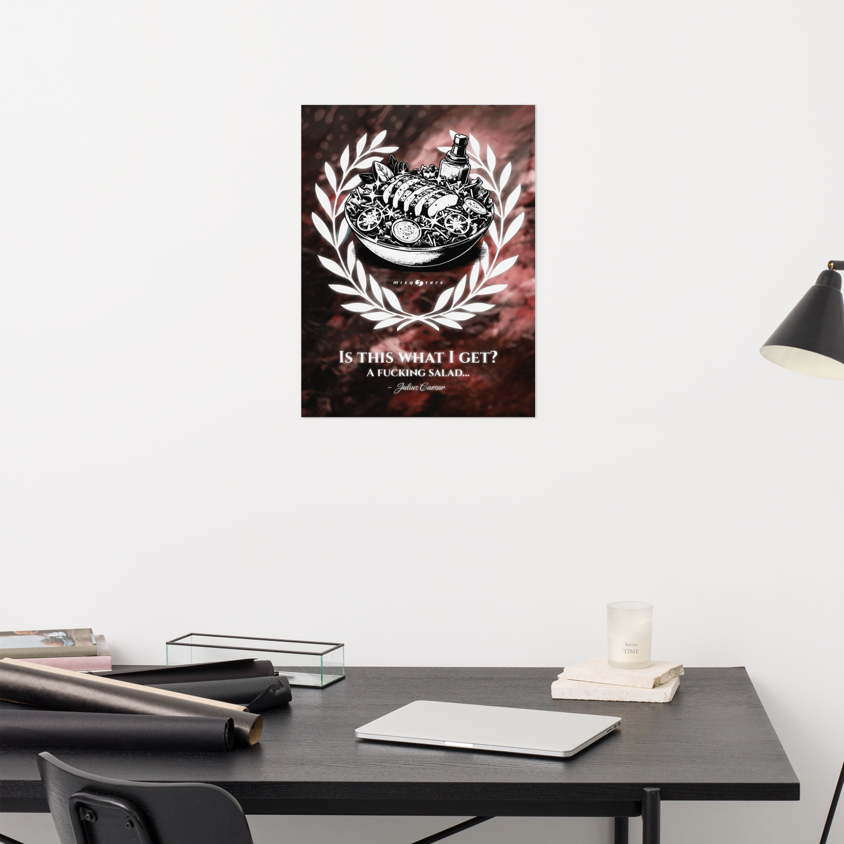 Poster with a design of a bowl and text on a wall above a desk.