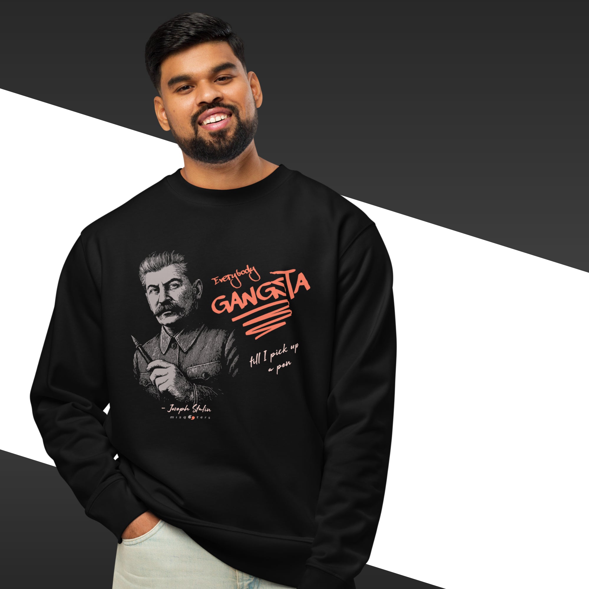 Man wearing a black sweatshirt with a graphic design and text