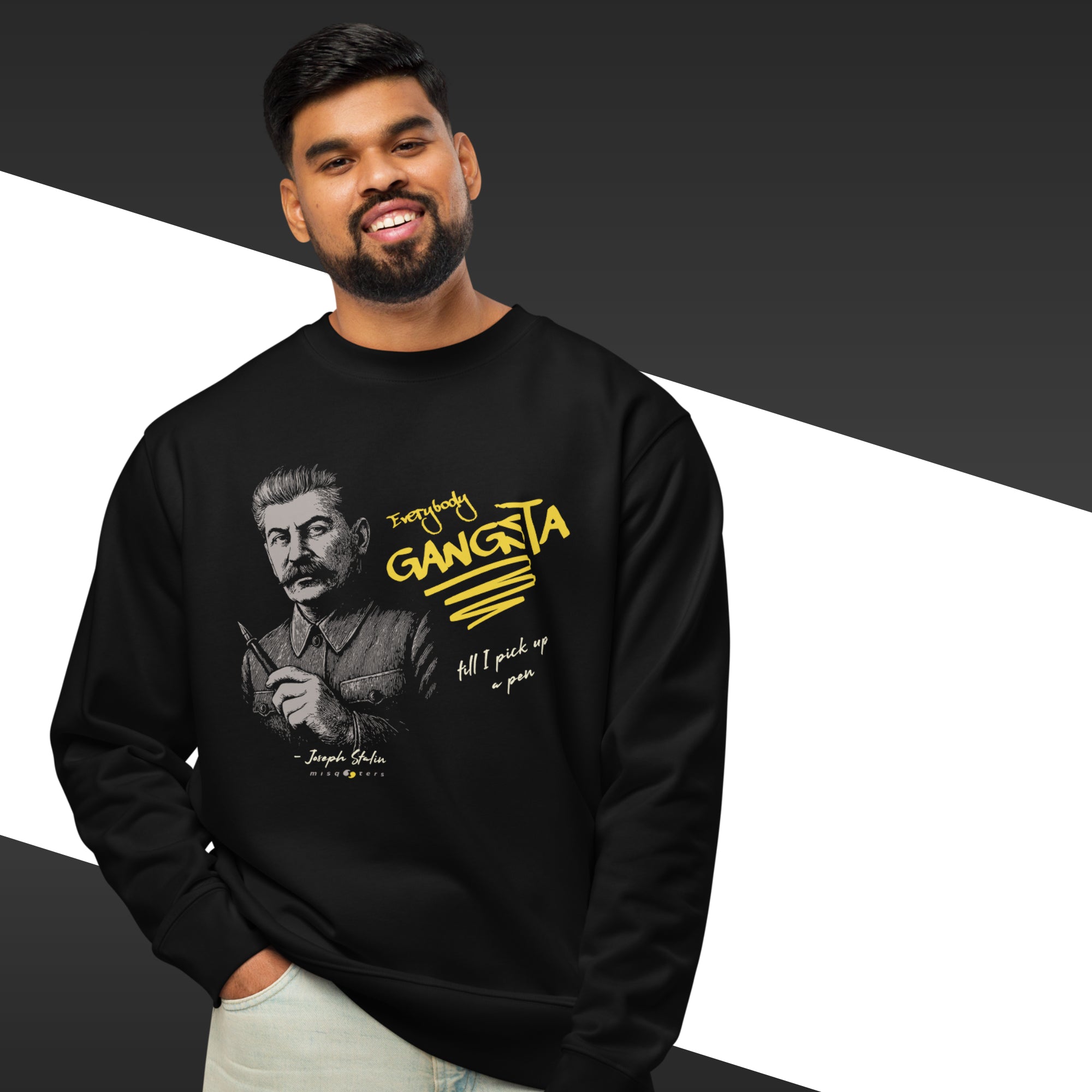 Man wearing a black sweatshirt with a graphic design and text