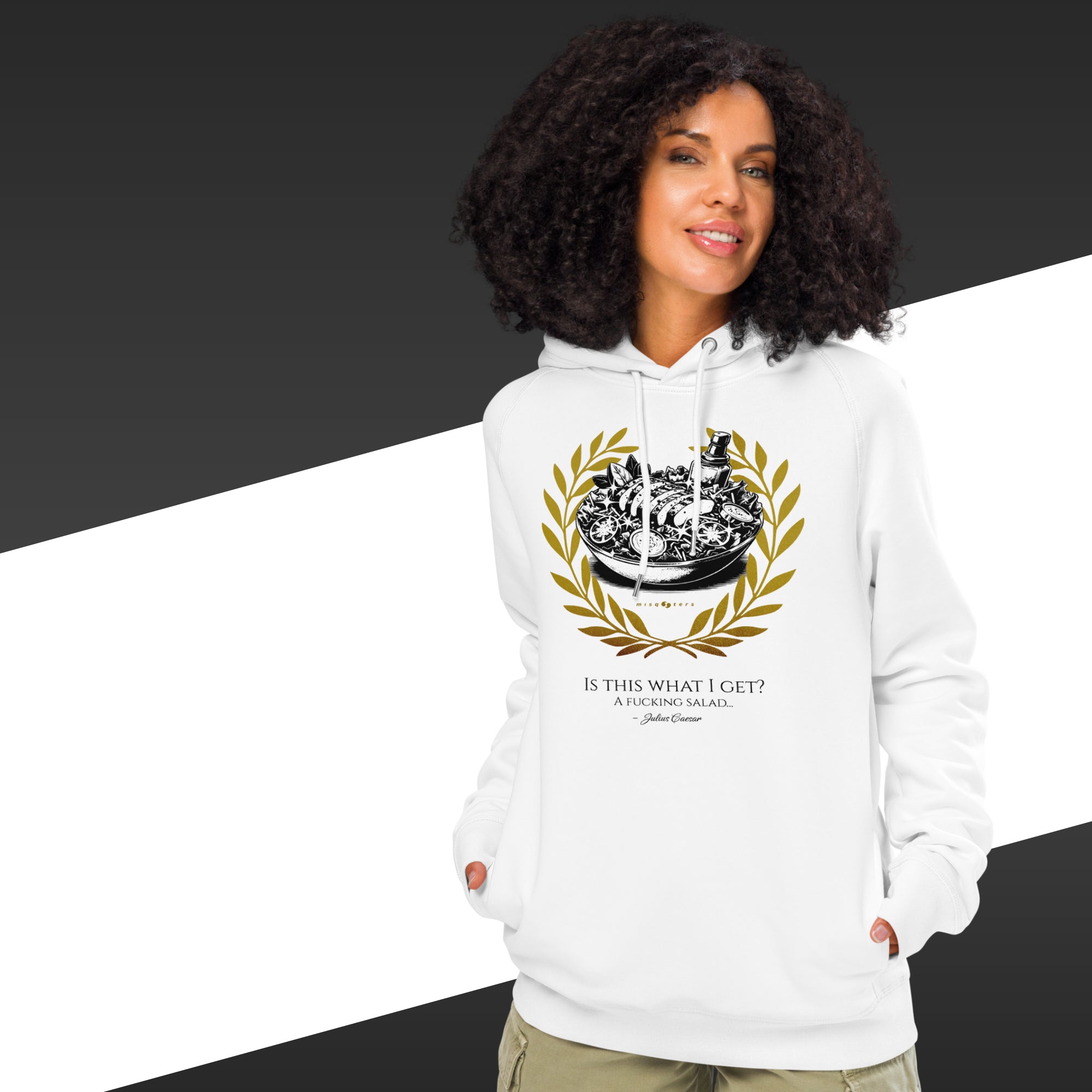 Woman wearing a white hoodie with a graphic design and text on a black and white background