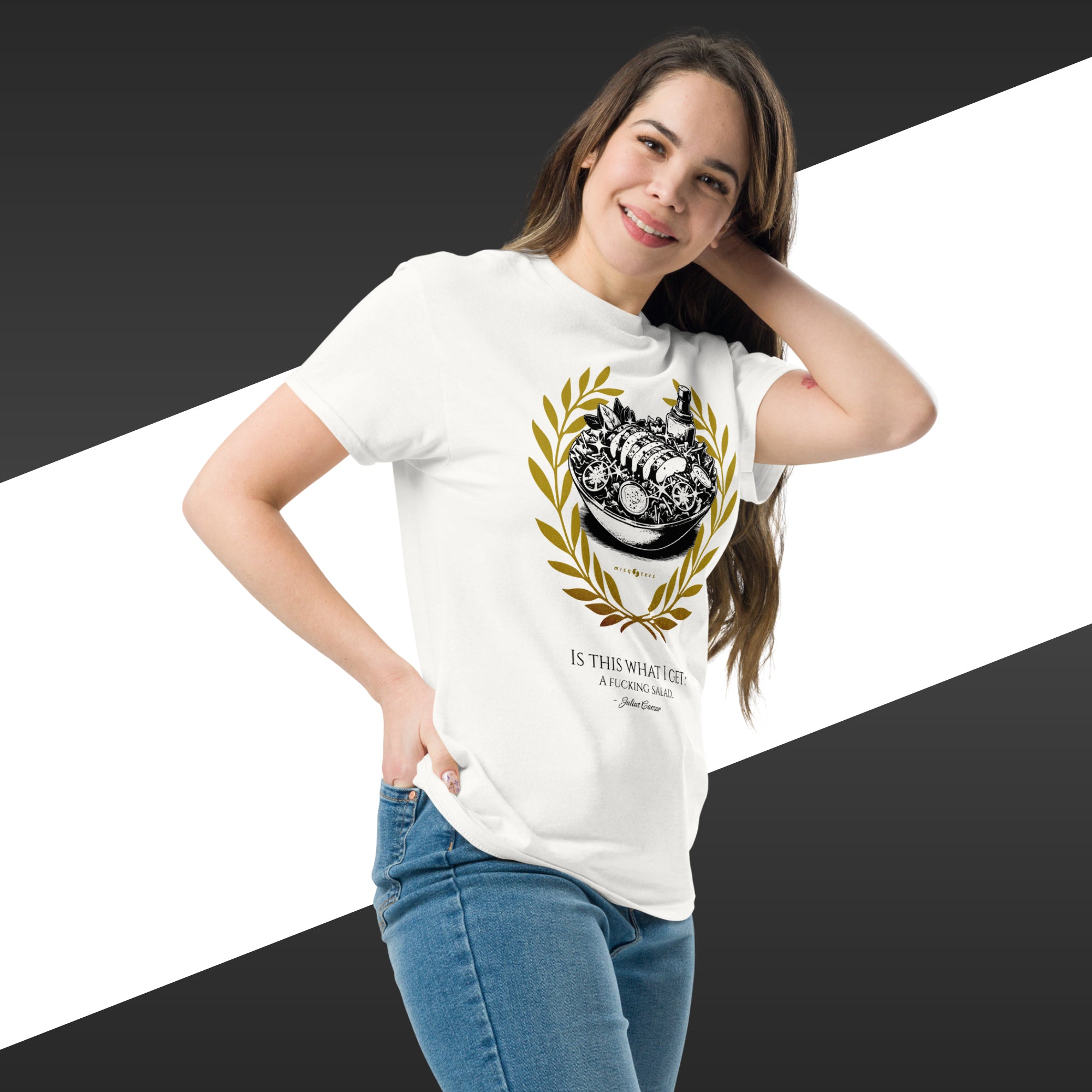 Woman wearing a white t-shirt with a graphic design and text, standing against a black and white background.
