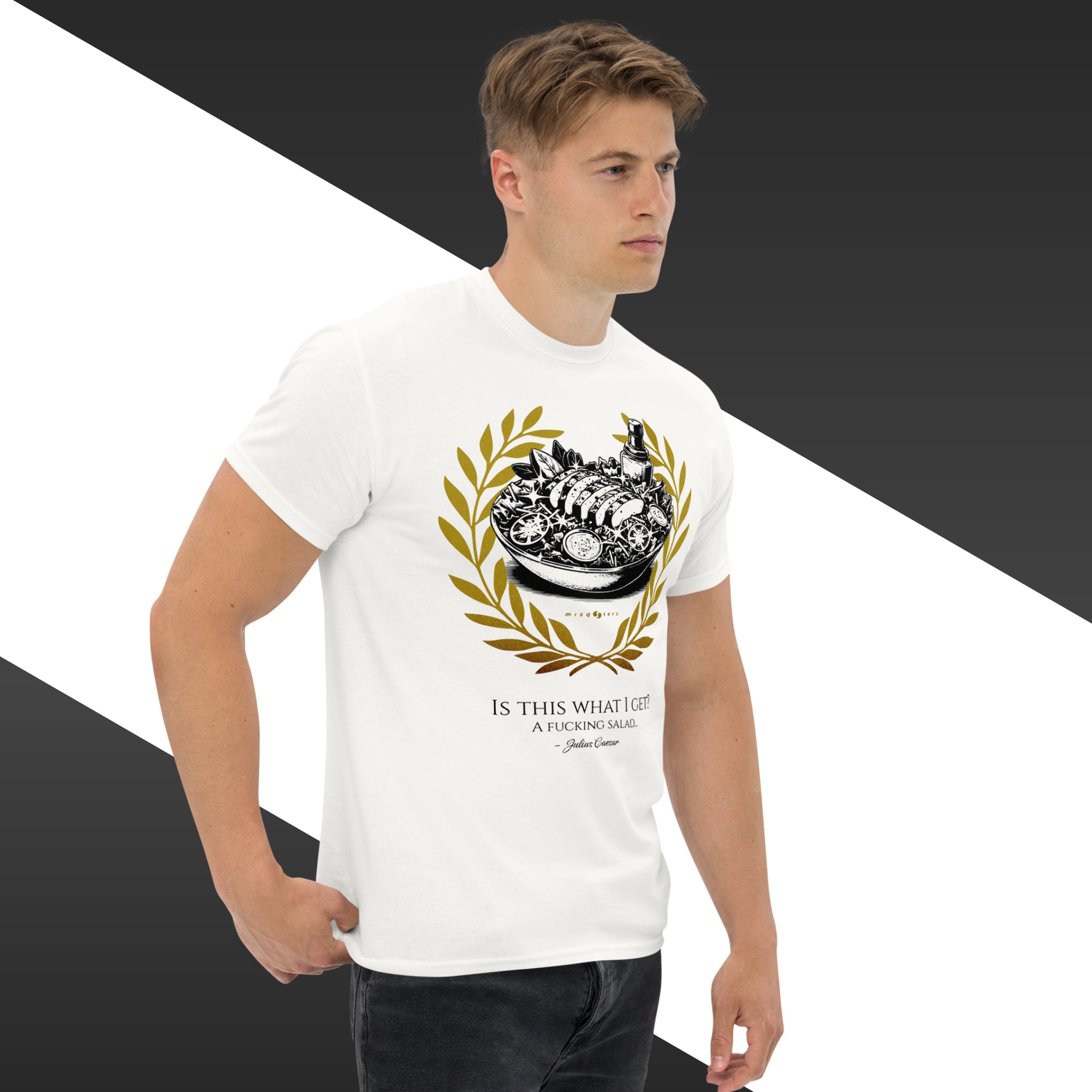 Man wearing a white t-shirt with a graphic design and text on a black and white background