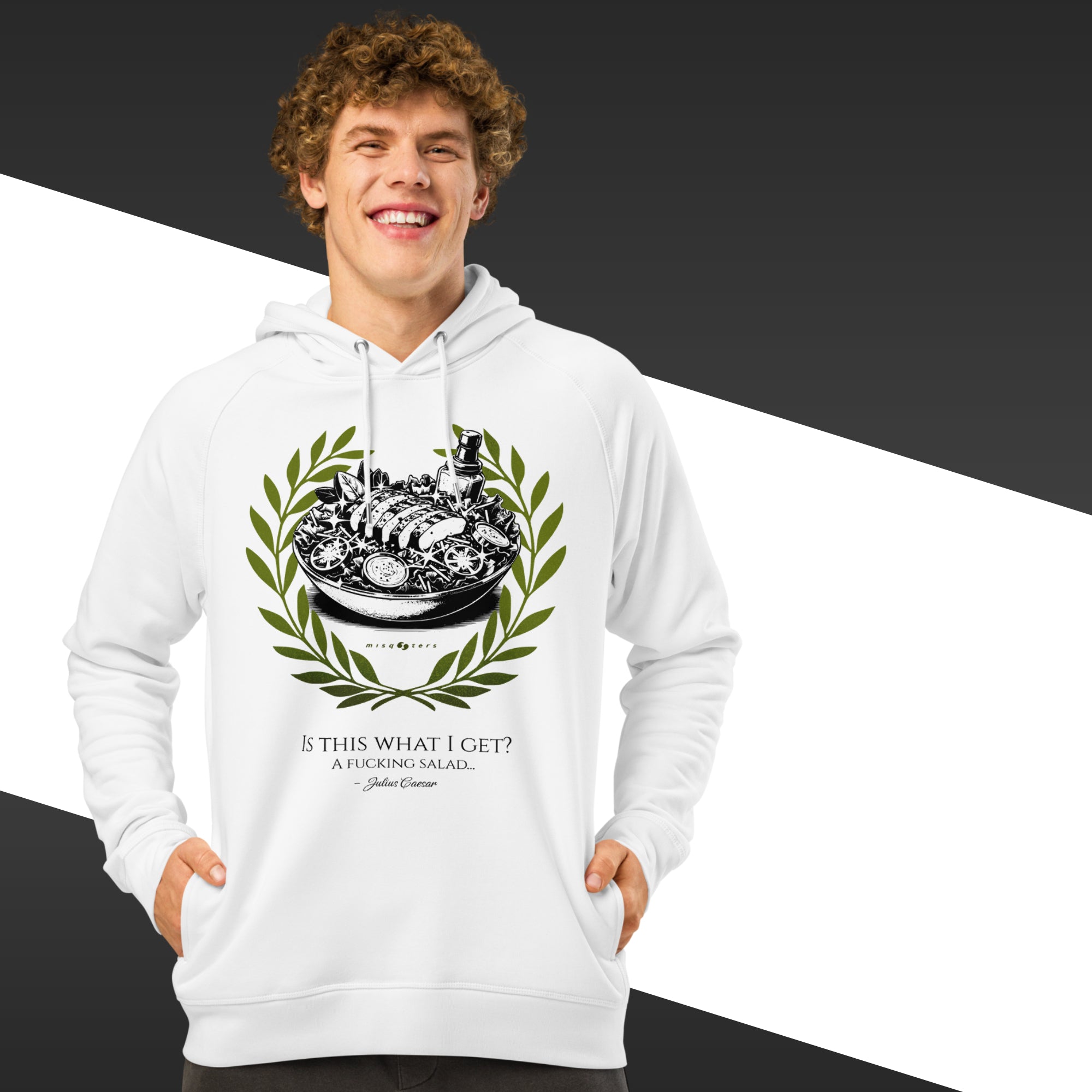 Person wearing a white hoodie with a graphic design and text on a black and white background