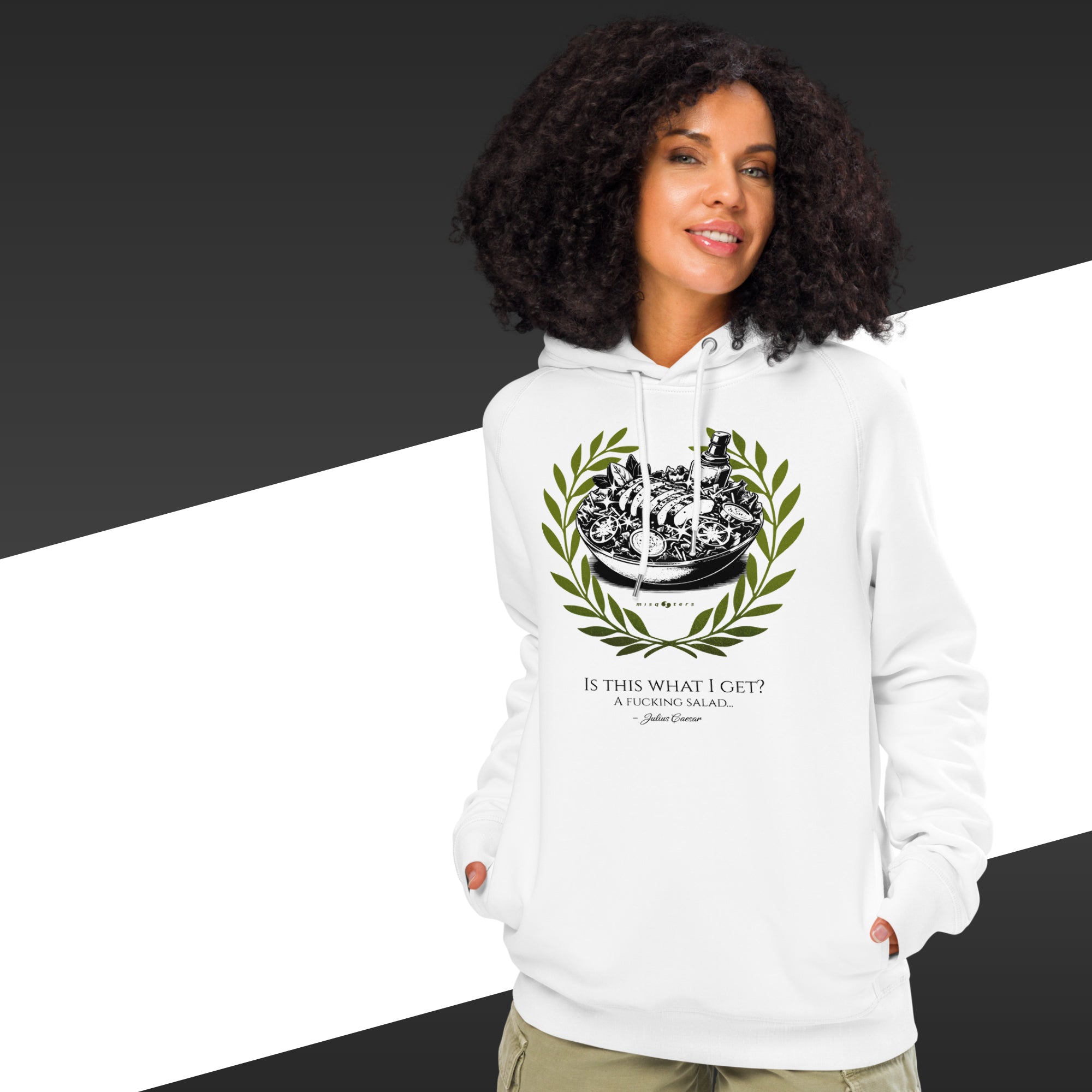 Woman wearing a white hoodie with a graphic design and text on a black and white background