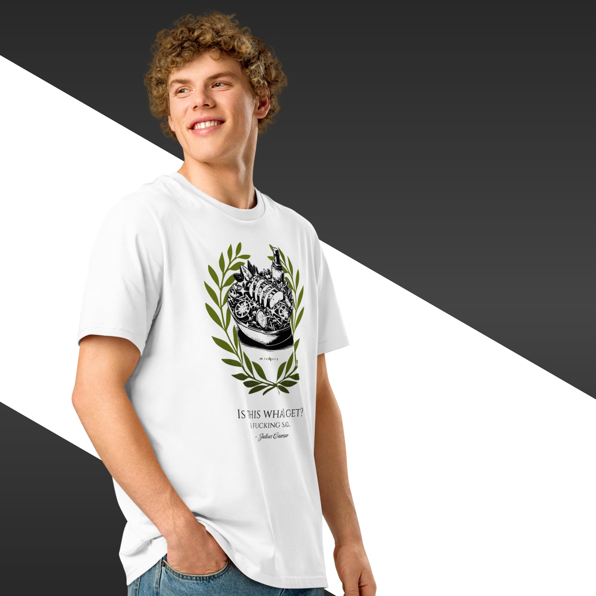 Person wearing a white t-shirt with a graphic design and text.